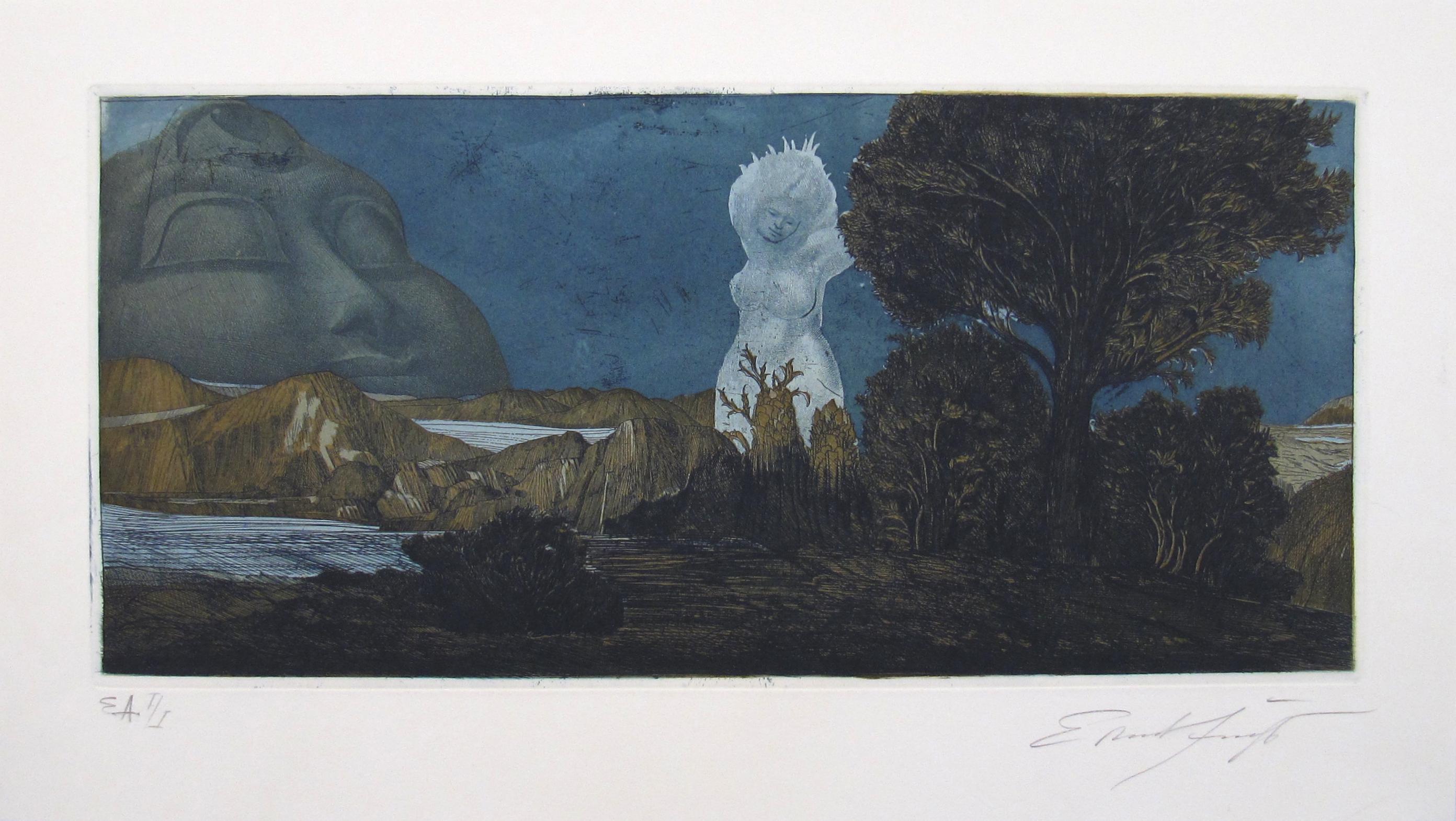 Ernst Fuchs
(Autrichien, 1930 - 2015)

Zyklopische Landschaft, 1967
(Paysage cyclopéen)

•	Aquatinte colorée sur papier chiffon (Prob. papier Arches français)
•	Feuille ca. 31,5 x 56 cm
•	Plaque, environ 22,5 x 48 cm
•	Signé en bas à