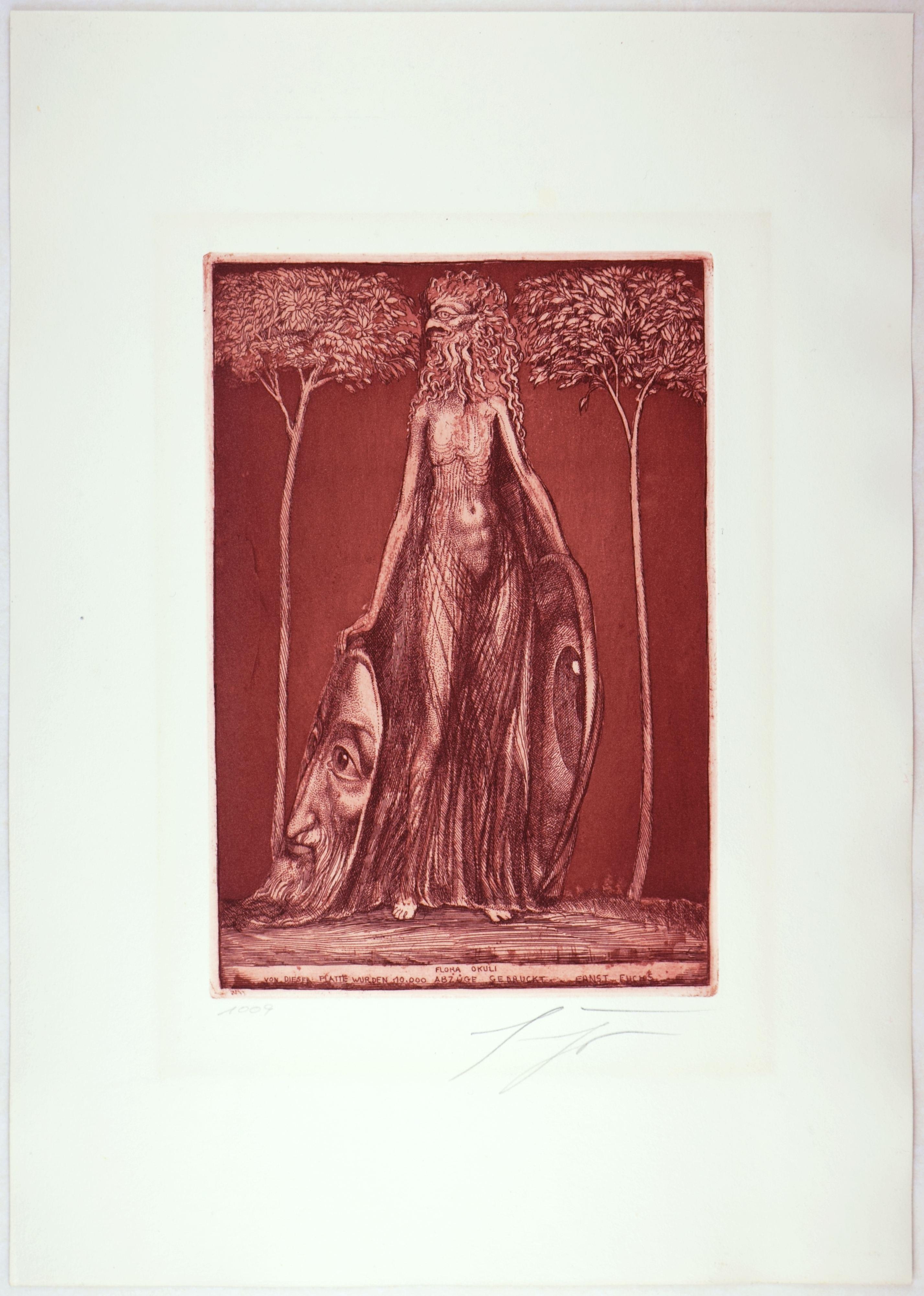 Ernst Fuchs (1930 Vienna - 2015 Vienna), Flora Okuli, 1975. Colour etching in reddish brown, 24 x 16.5 cm (image), 41 x 29.5 cm (sheet size), inscribed on the plate: 