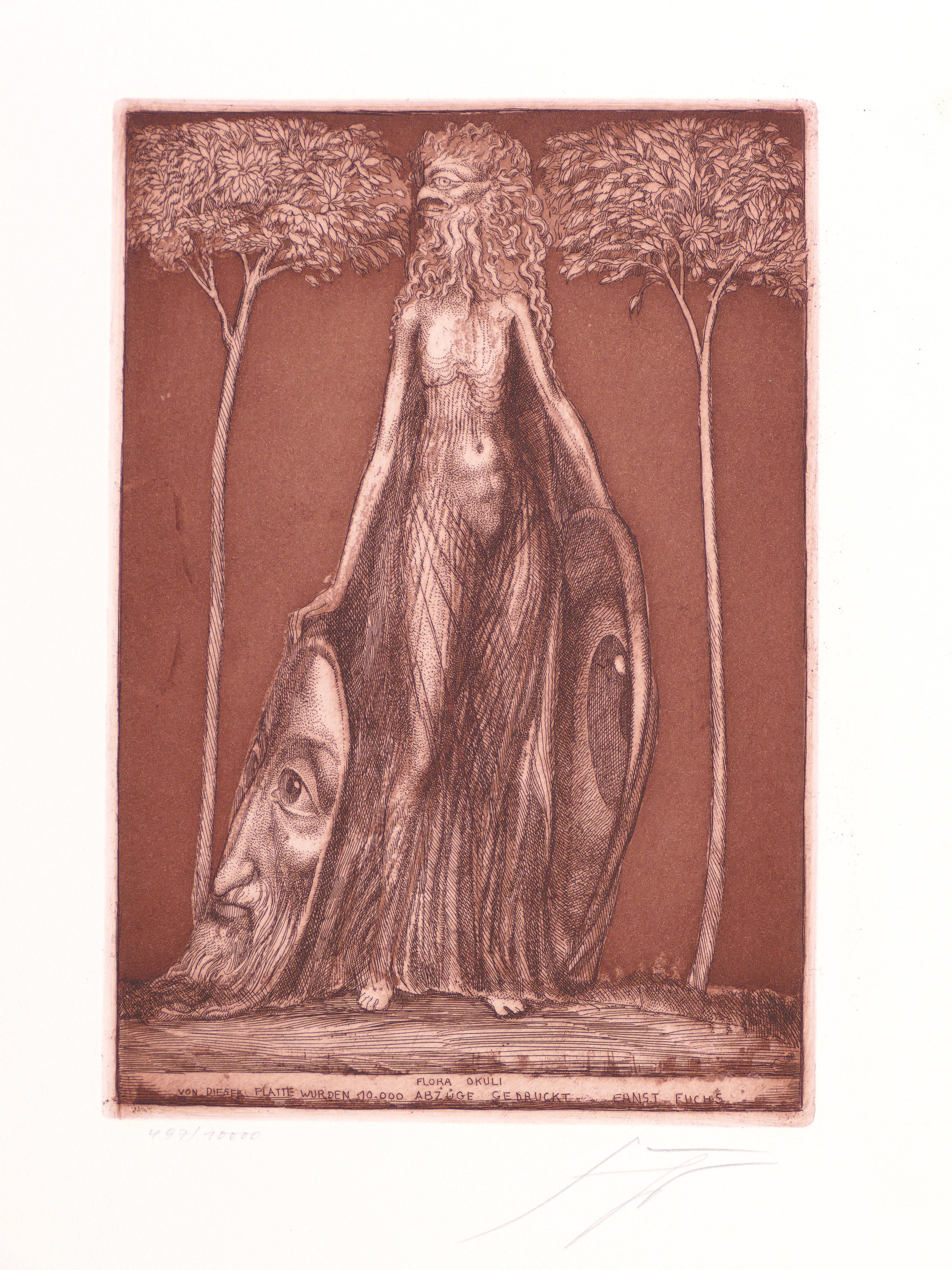 Flora Okuli - Etching by Ernst Fuchs - Late 20th Century