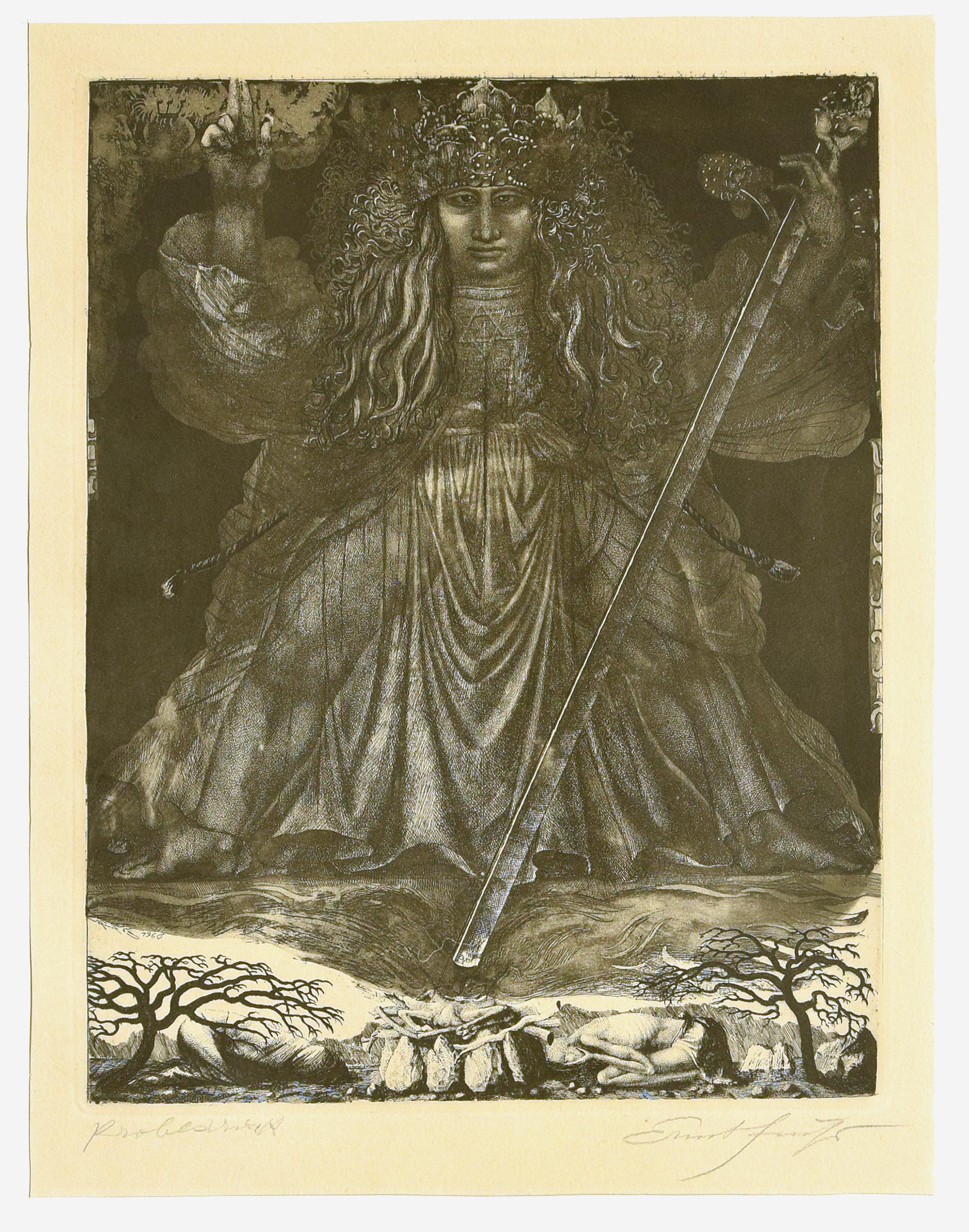 Samson, le juge est une œuvre d'art originale réalisée entre 1963 et 1967 par le célèbre artiste Ernst Fuchs.

Gravure en noir et blanc.

Cadre inclus : 72.5 x 1,5 x 52,5 cm

Signé à la main au crayon en bas à droite. Preuve d'artiste  (Probedruck