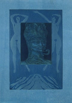 Ernst Fuchs Sfinge di Pharao Surreale acquaforte a colori Vienna Realismo Fantastico 1967