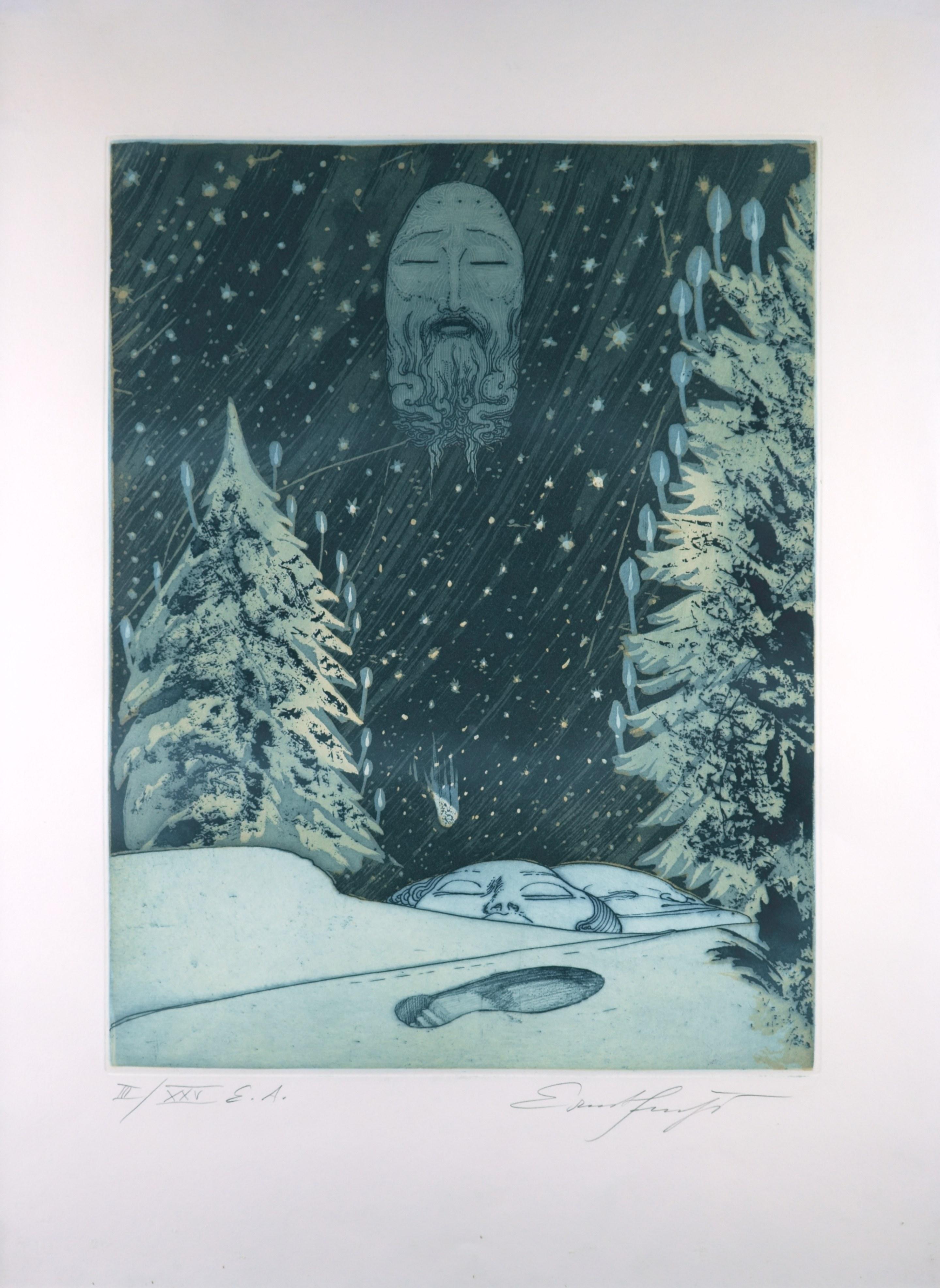 Ernst Fuchs (1930 Vienne - 2015 ibid), La trace perdue, 1972. Vernis mou et aquatinte, 46,8 x 36,4 cm (planche), 66 x 50 cm (feuille), 69,5 x 53,5 cm (cadre), WVZ Hartmann no. 185 Id, signé à la main au crayon en bas à droite Ernst Fuchs