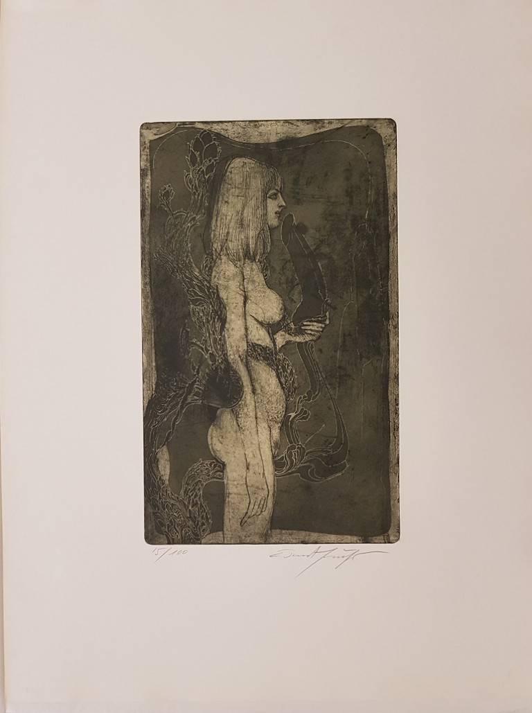 Ernst Fuchs Nude Print – The Nymphe Eva - Original-Radierung von E. Fuchs - 1968