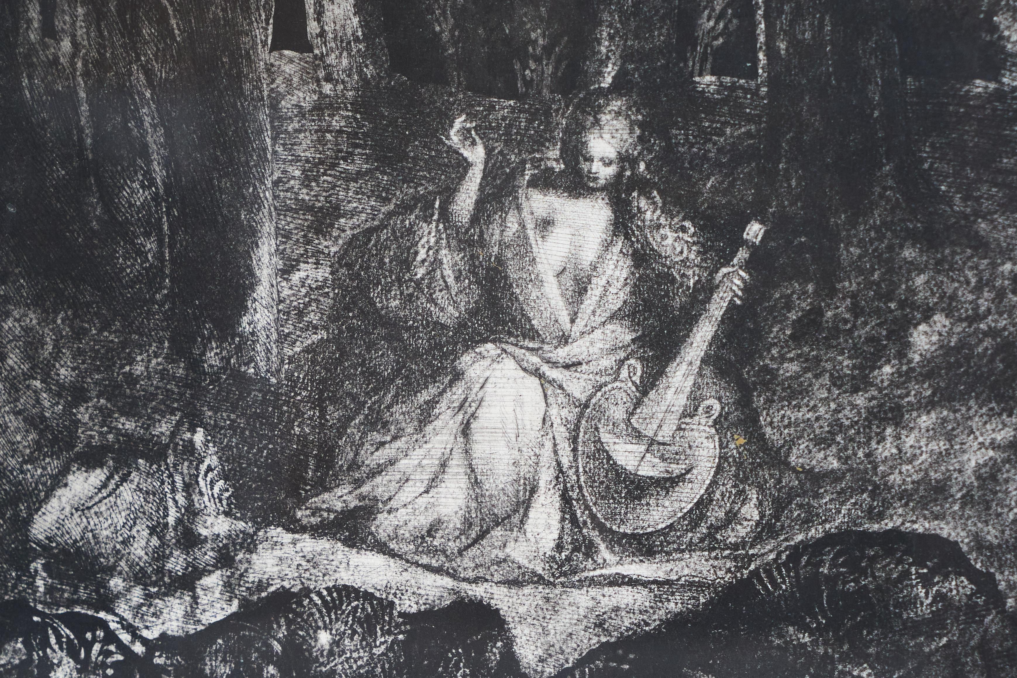 Mid-Century moderno Ernst Fuchs 'Waldidylle vor der Himmelsmauer' Prova d'artista firmata a mano 1974 in vendita