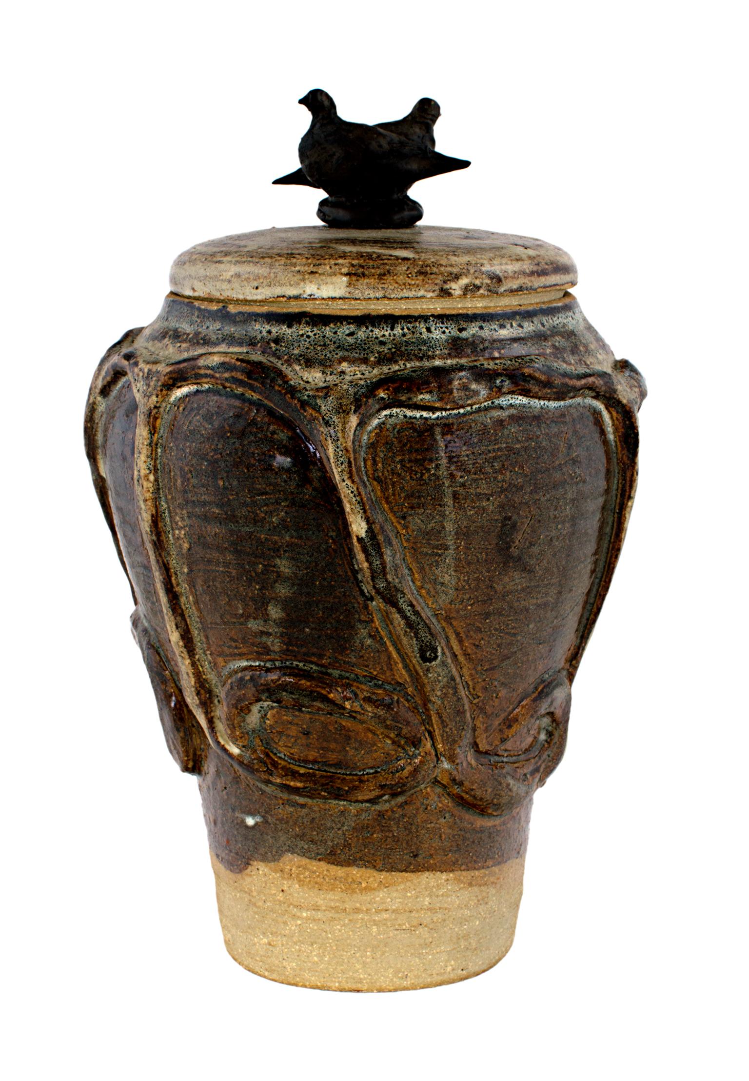 "Cover Jar w/ 2 Birds, " Stoneware and Bronze signed by Ernst Gramatzki