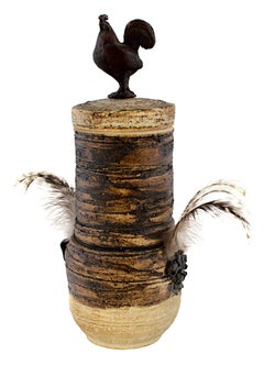 "Cover Jar w/ Rooster," Stoneware, Bronze, & Feathers signed by Ernst Gramatzki
