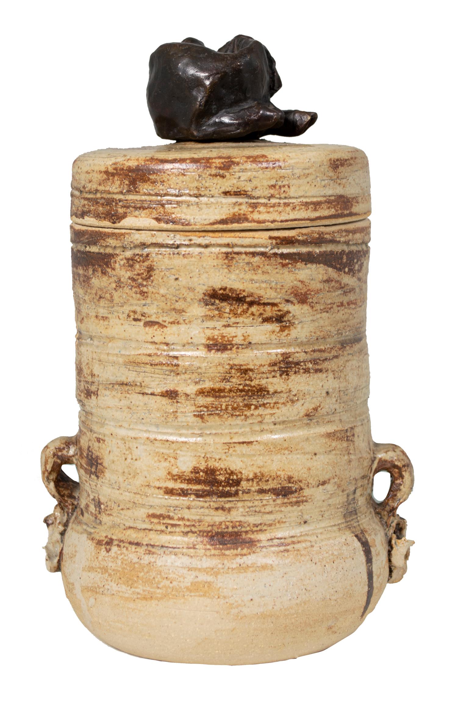 'Cover Jar with Lamb' signed stoneware jar with bronze lamb finial  - Sculpture by Ernst Gramatzki