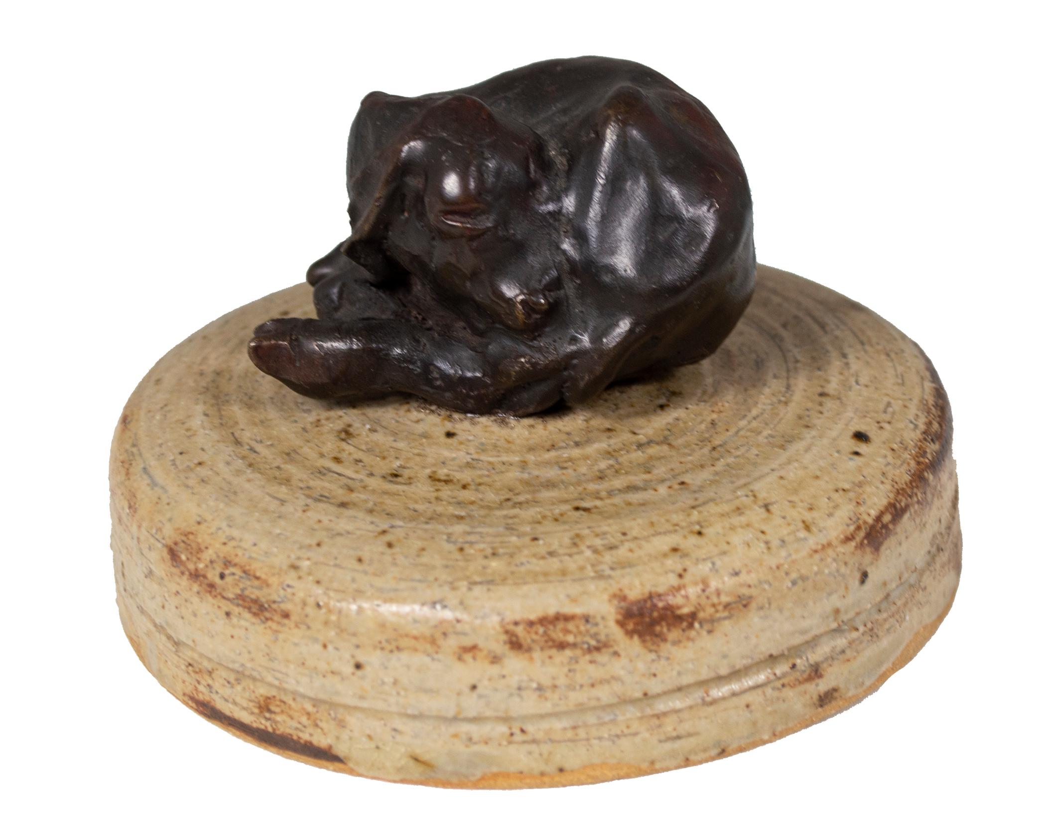 'Cover Jar with Lamb' signed stoneware jar with bronze lamb finial  - Contemporary Sculpture by Ernst Gramatzki