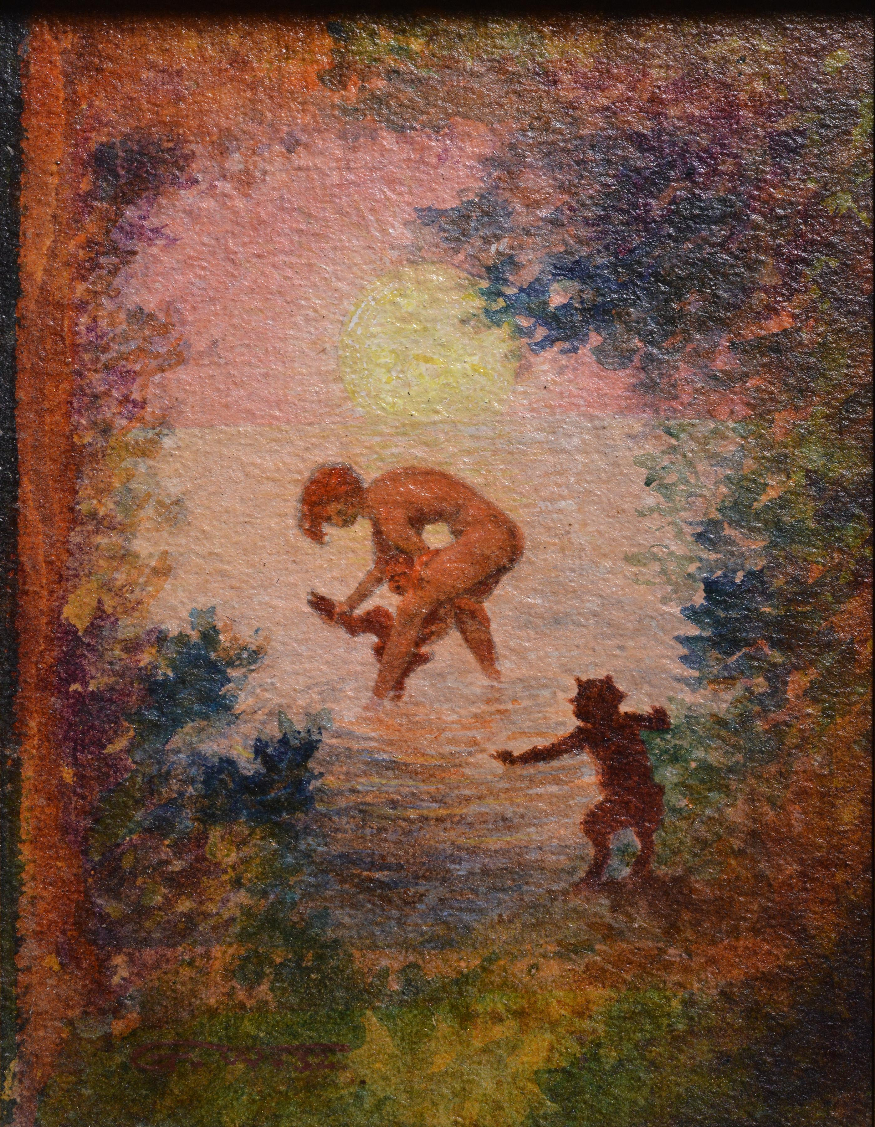 Signed Ernst Gunnar Widholm (1882 - 1953). Vivid sunset color explosion in the coastal green opening reveals sacred action of the mythological reality: beautiful bacchantes taking care of little satyrs. These “cubs” just hate it! Such a fantasy was