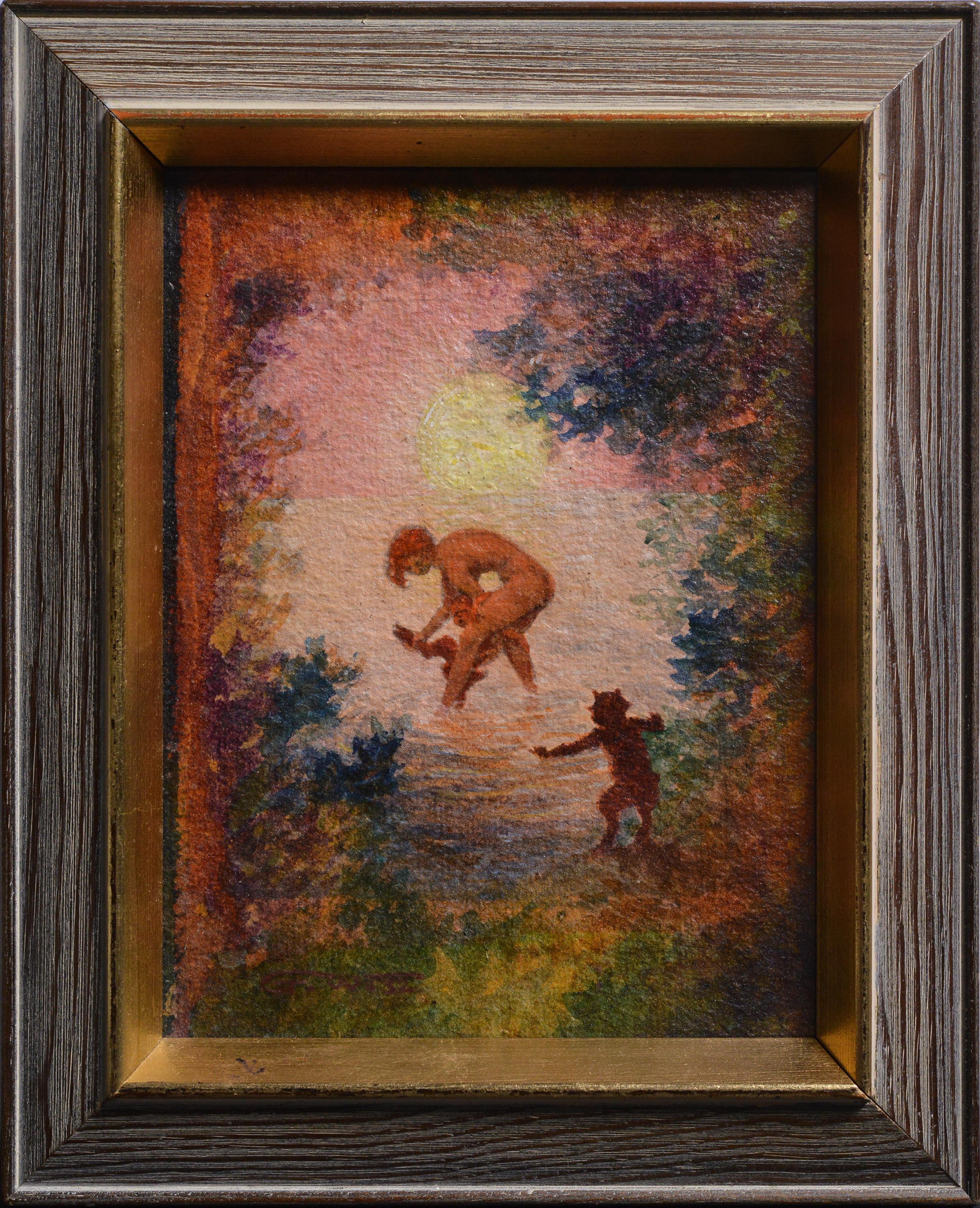 Figurative Painting Ernst Gunnar Widholm - Peinture à l'huile suédoise « Bacchante Bathes Faun Childrens at Sunset 1932 »
