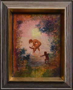 Peinture à l'huile suédoise « Bacchante Bathes Faun Childrens at Sunset 1932 »