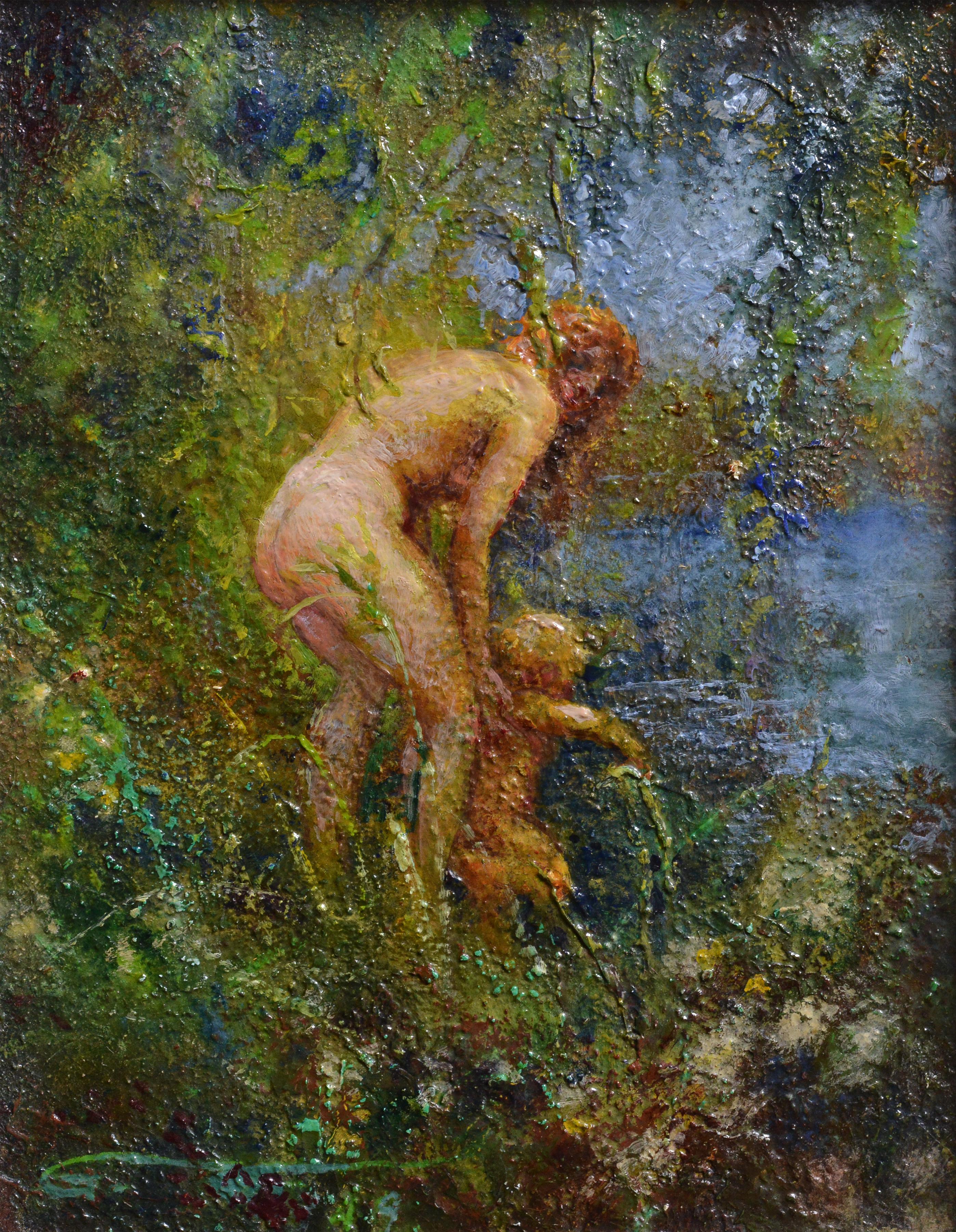 Frau im Fluss badet Kind, ca. 1932, Ölgemälde des schwedischen Meisters Widholm – Painting von Ernst Gunnar Widholm