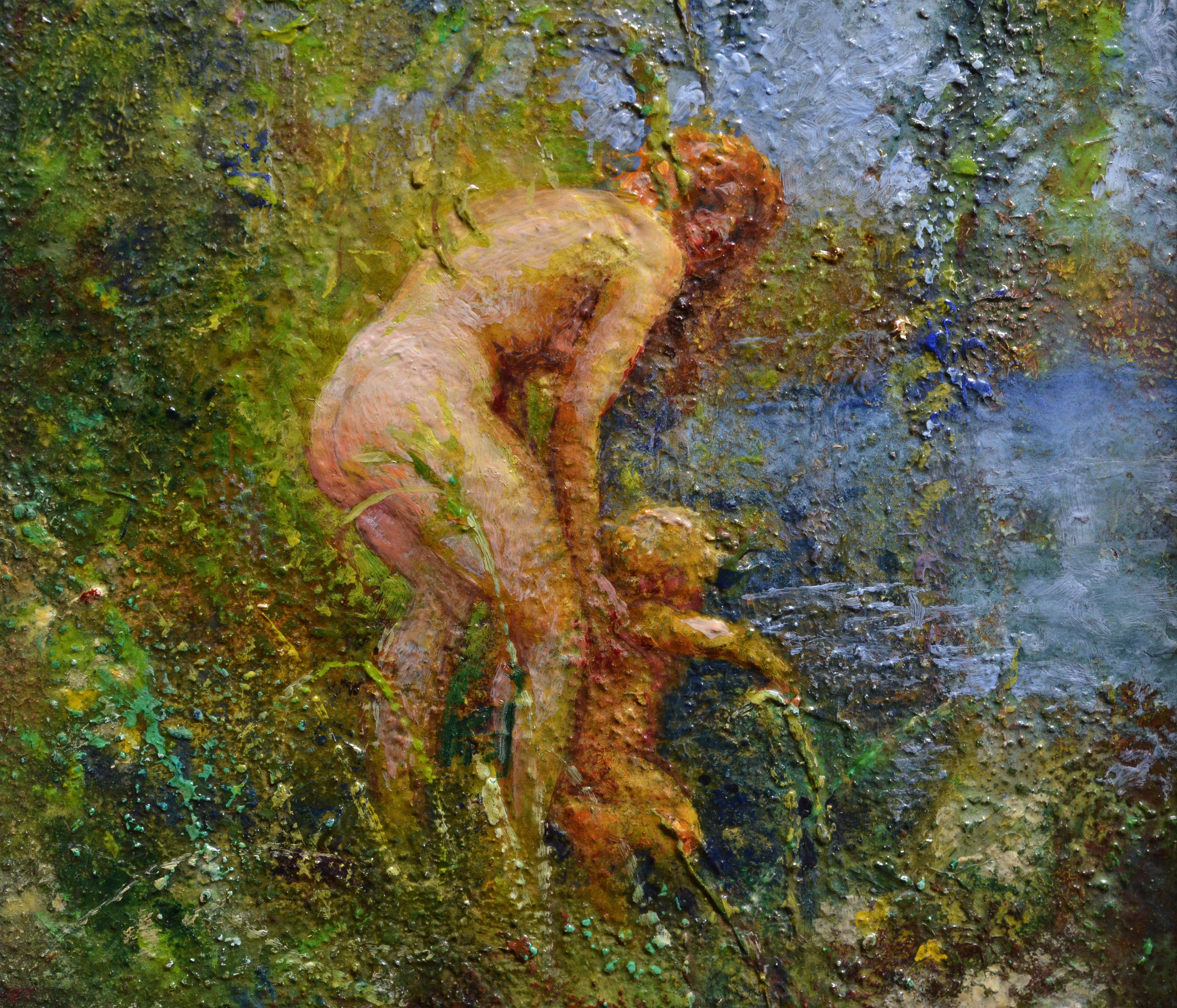 Frau im Fluss badet Kind, ca. 1932, Ölgemälde des schwedischen Meisters Widholm (Impressionismus), Painting, von Ernst Gunnar Widholm