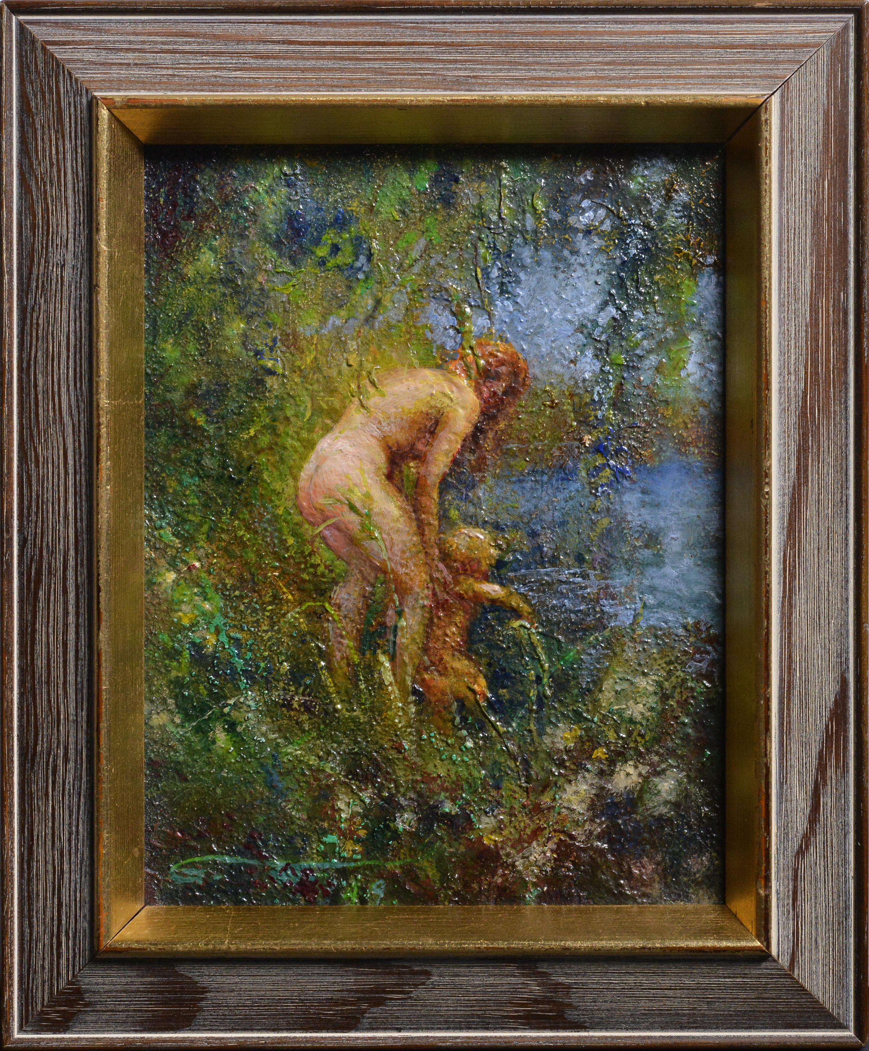 Frau im Fluss badet Kind, ca. 1932, Ölgemälde des schwedischen Meisters Widholm