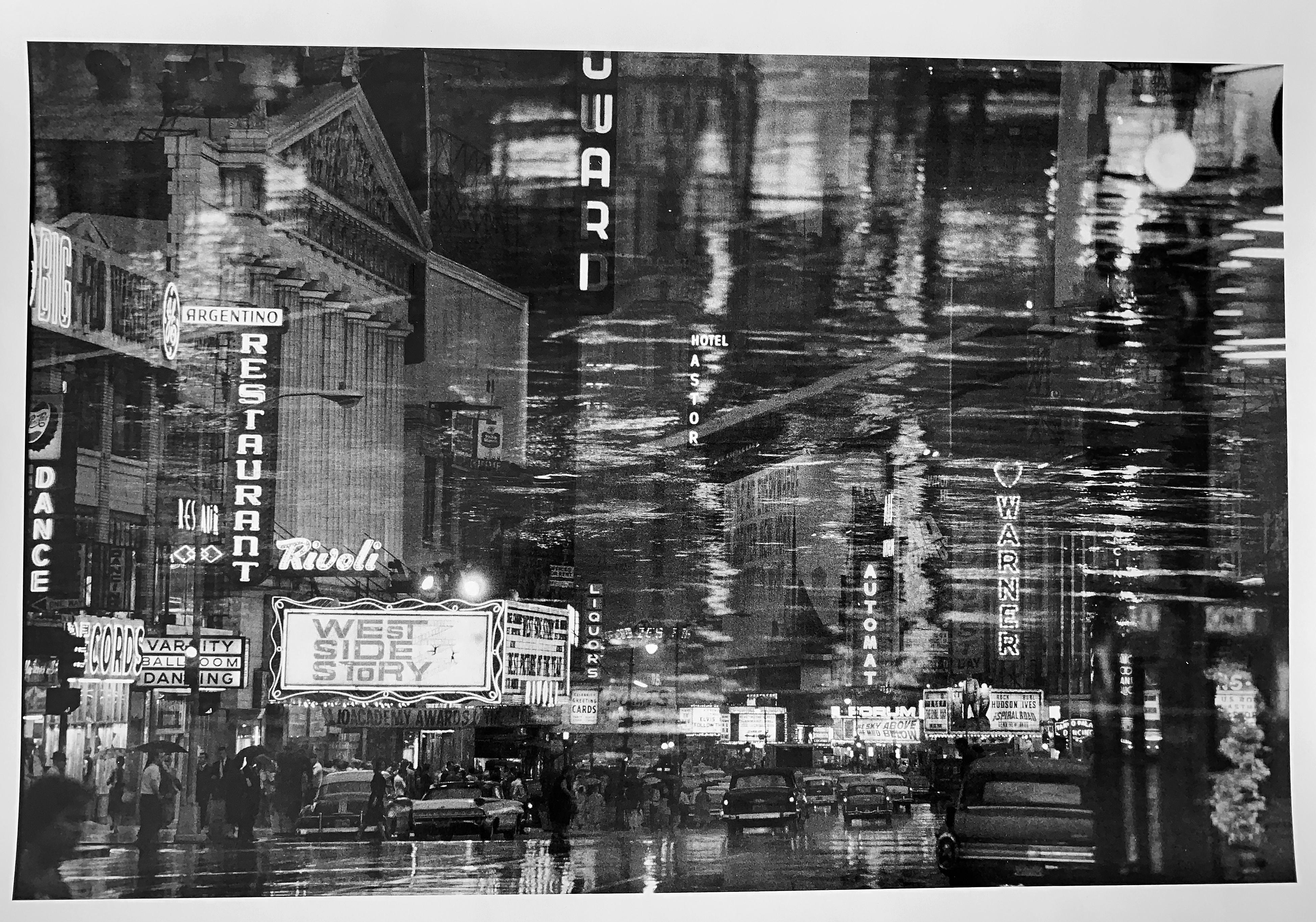 Times Square, New York City, Black and White Abstract Night Photography 1950s