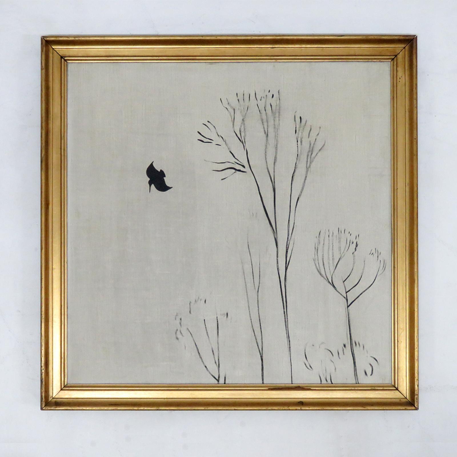 Wonderful painting in oil on canvas by Danish painter Ernst Hansen (1892-1968), 'bird/trees in the wind' composition, framed, signed and dated 1924.