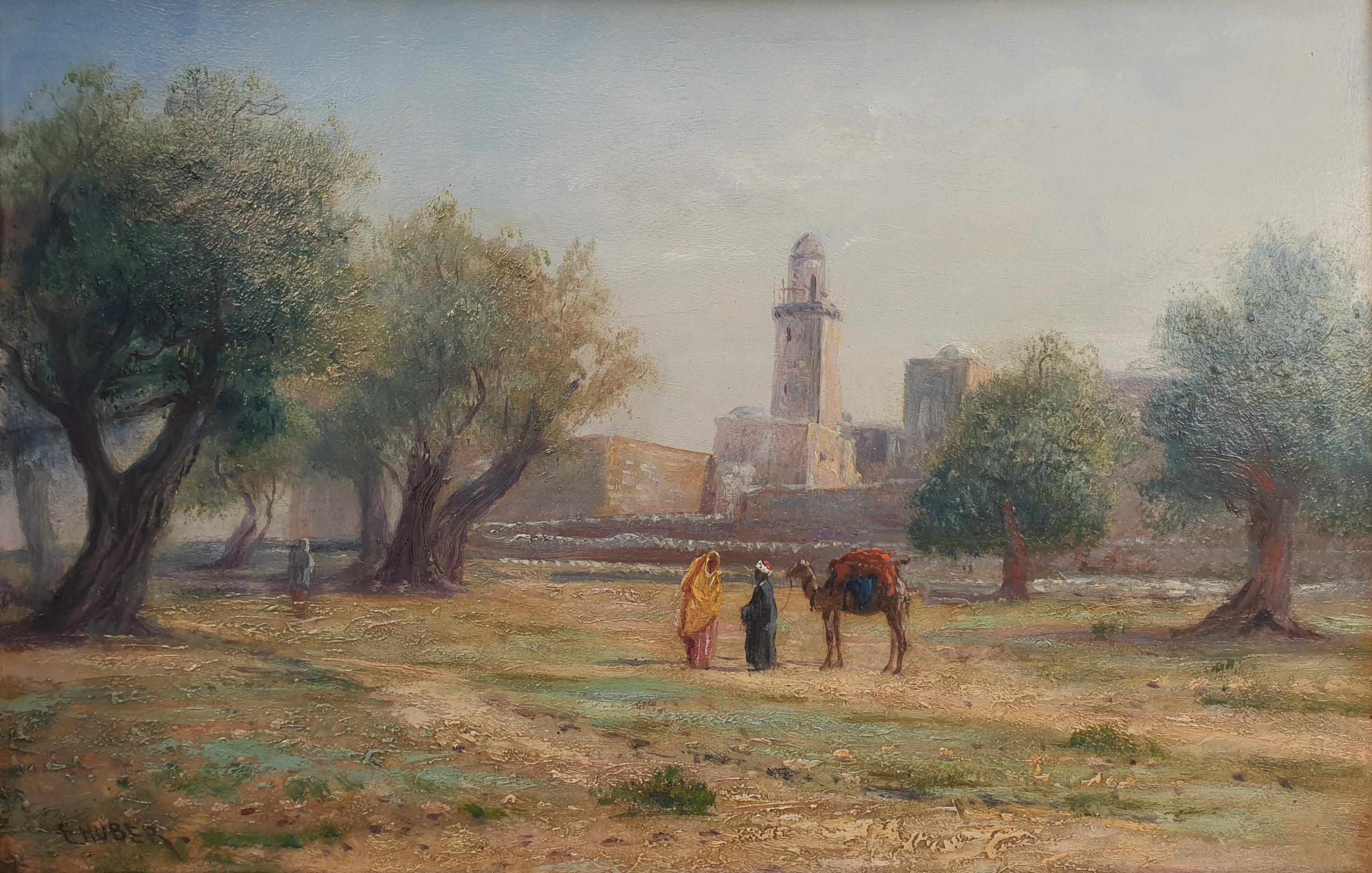 HUBER pittore austriaco Paesaggio orientalista Gerusalemme Mont Olives 20° anniversario della morte di Oliver 2