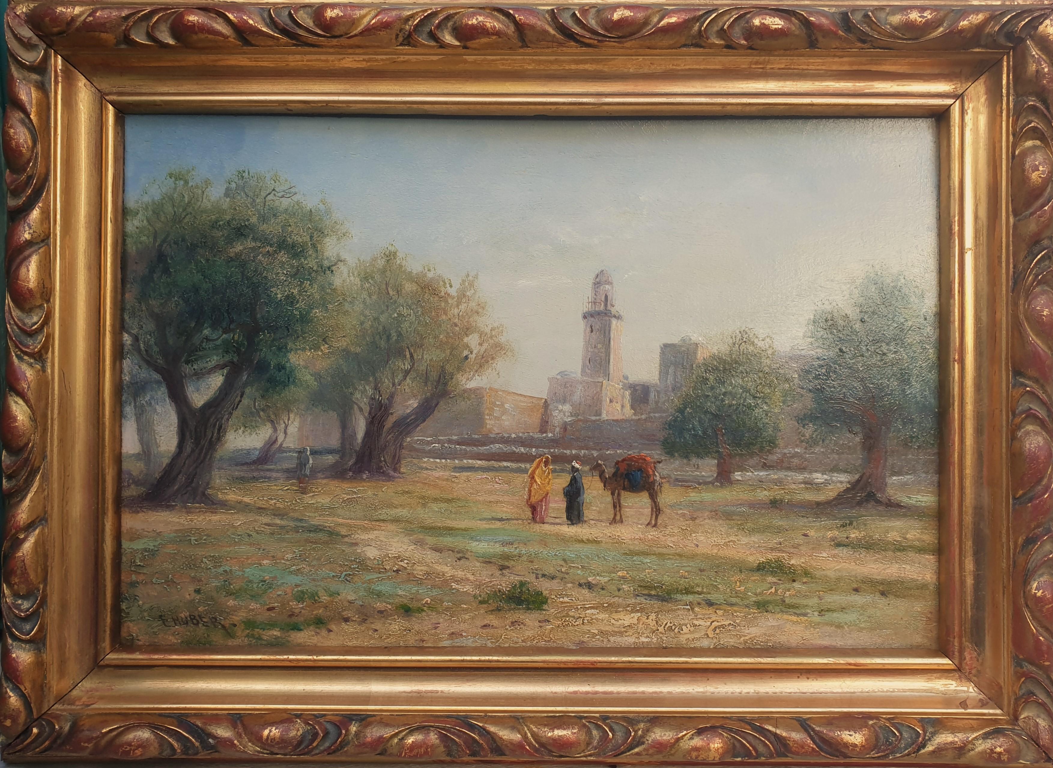 HUBER Austrian painter Landscape orientalist Jerusalem Mont Olives 20th - Painting by Ernst Huber