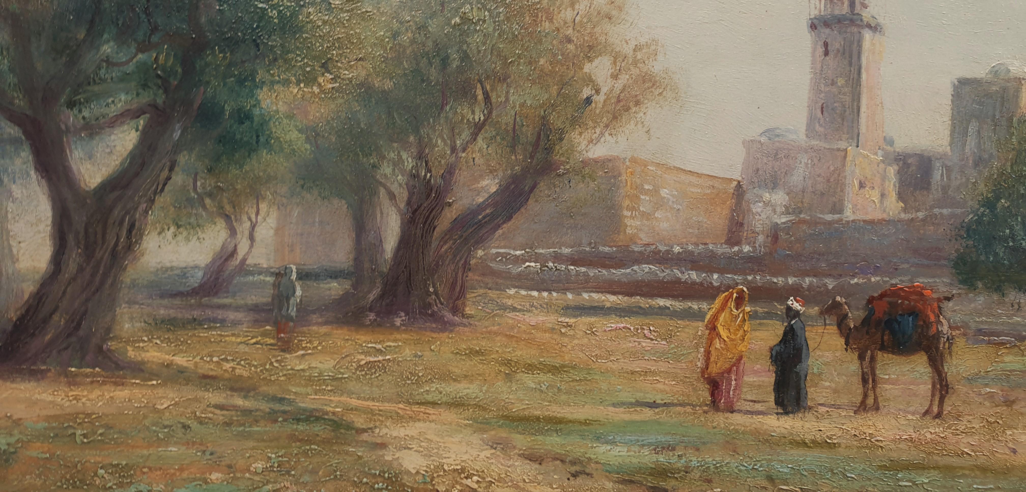 HUBER Austrian painter Landscape orientalist Jerusalem Mont Olives 20th - Brown Landscape Painting by Ernst Huber