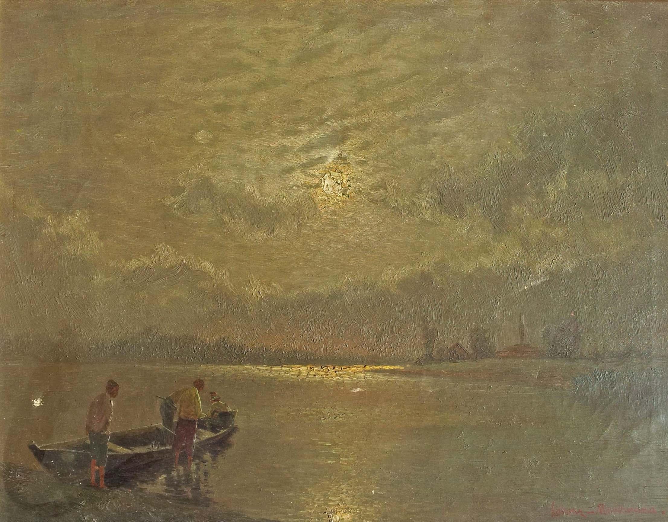 Ernst Hugo Lorenz-Murowana Landscape Painting - Fishermen at the Moonlight - German Art Impressionism