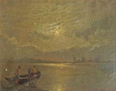 Vintage Fishermen at the Moonlight - German Art Impressionism