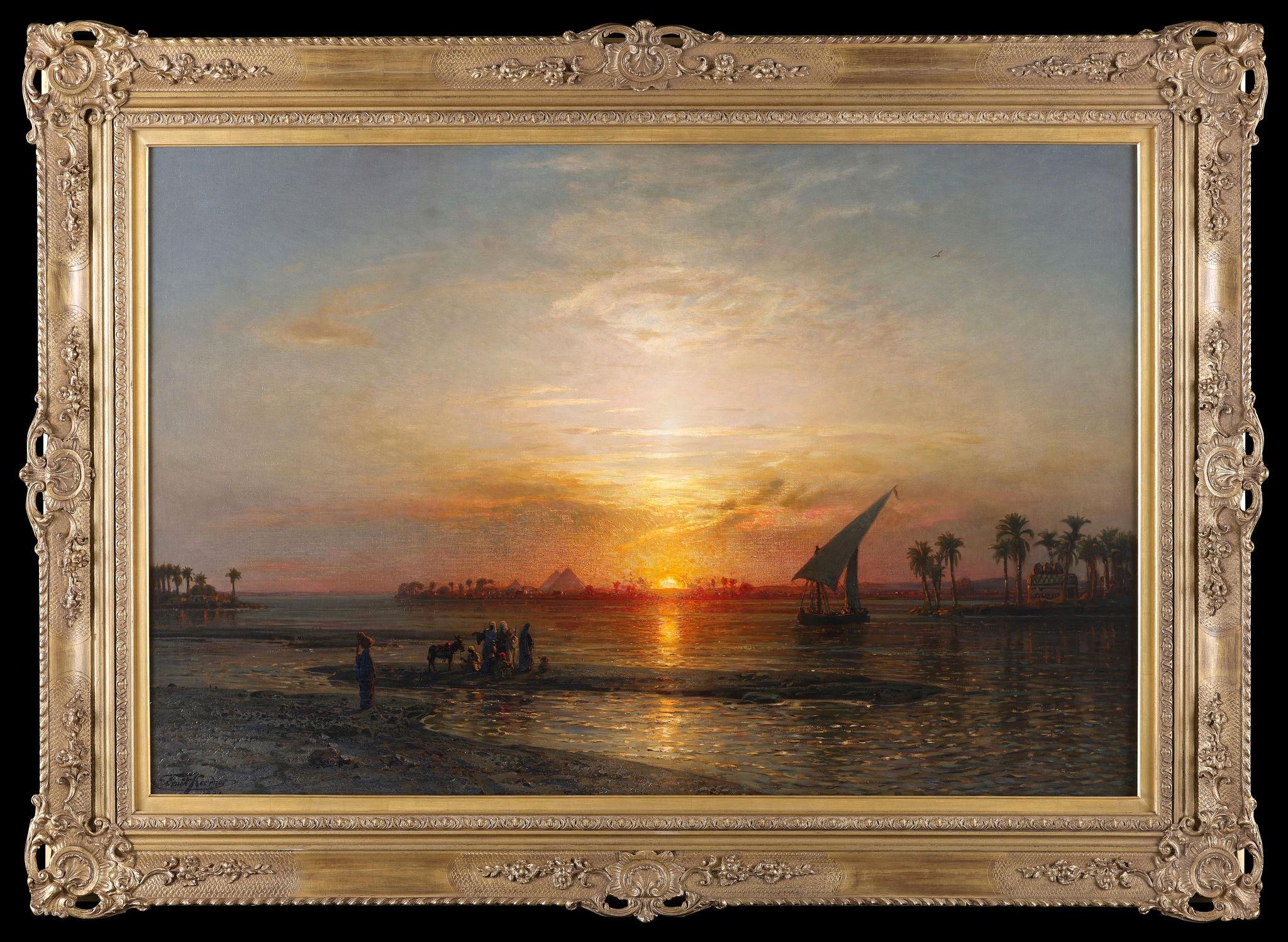 Sonnenuntergang am Nil Coucher de soleil sur le Nil Ernst Koerner pyramides huile sur toile