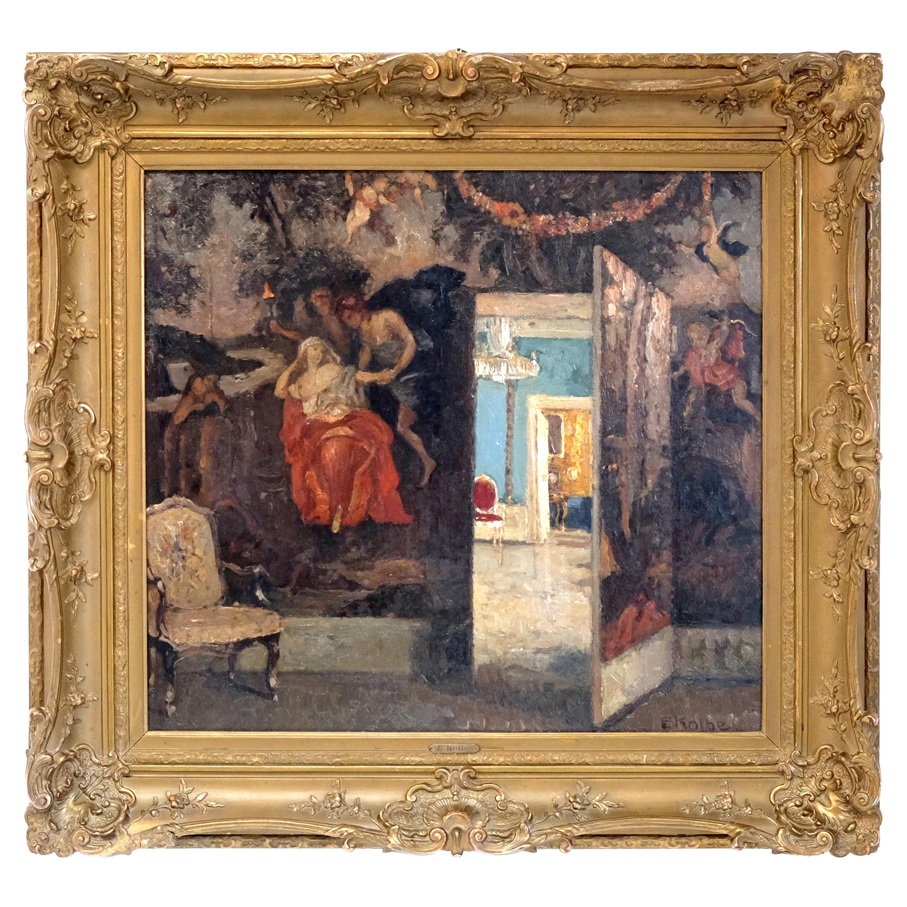 Ernst Kolbe Oil Painting, Canvas, Interior Scene, Late 19th Century, Europe, Big For Sale