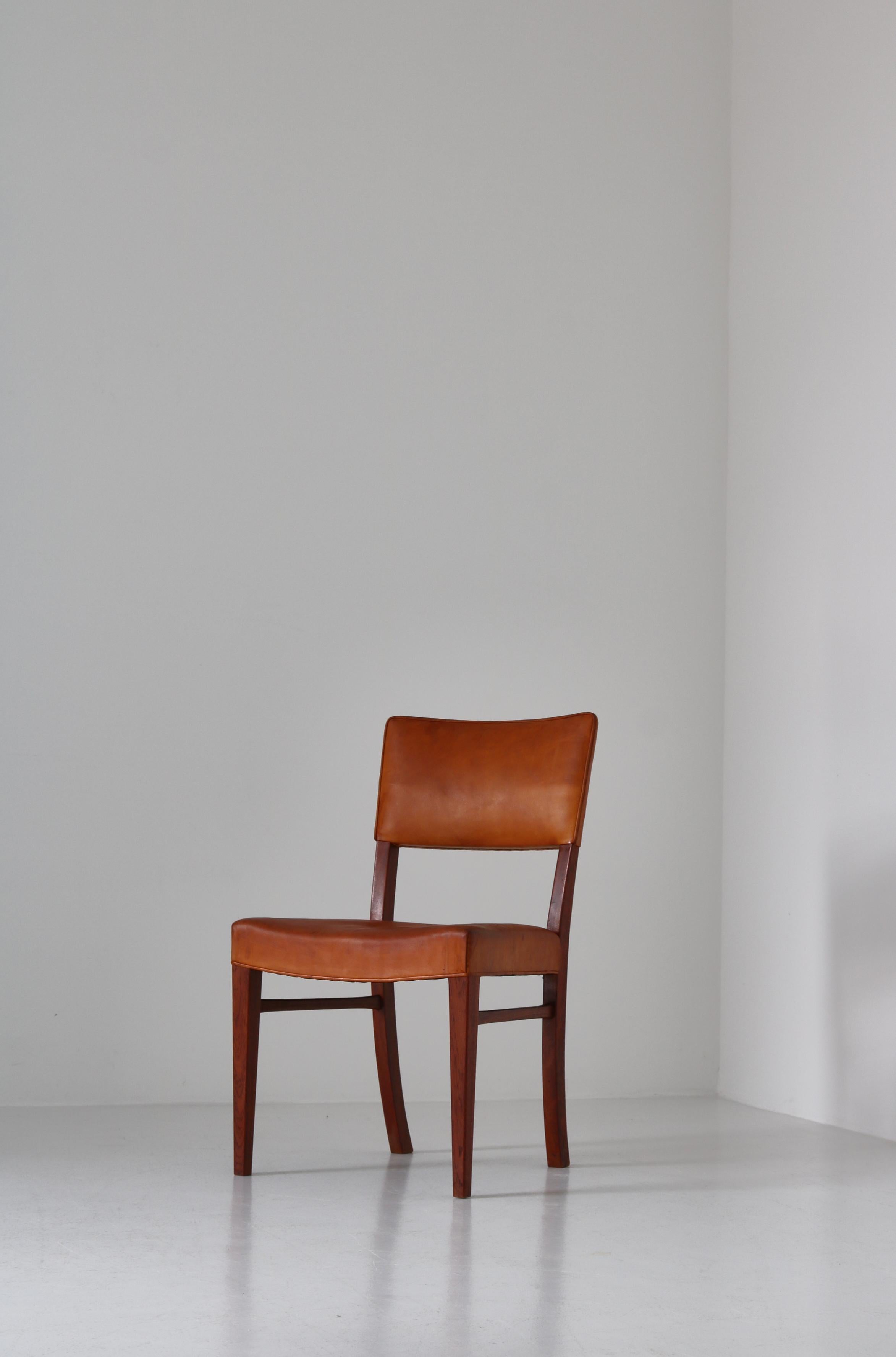 Scandinavian Modern Ernst Kühn Dining Chairs in Leather and Teak by Lysberg, Hansen & Therp, 1940s