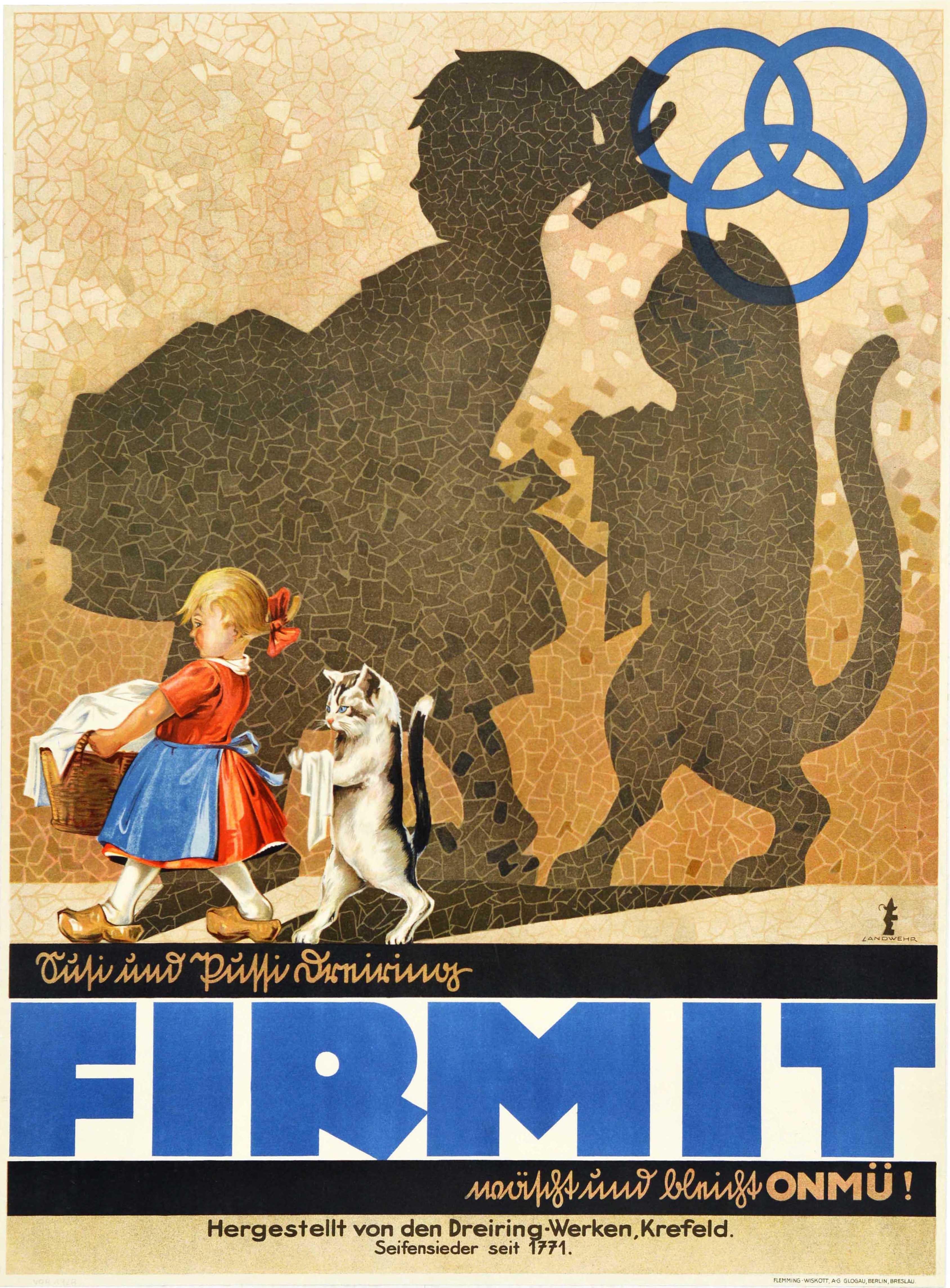 Print de Ernst Landwehr - Cartel Publicitario Antiguo Original Firmit Jabón en Polvo Chica Gato Lavandería