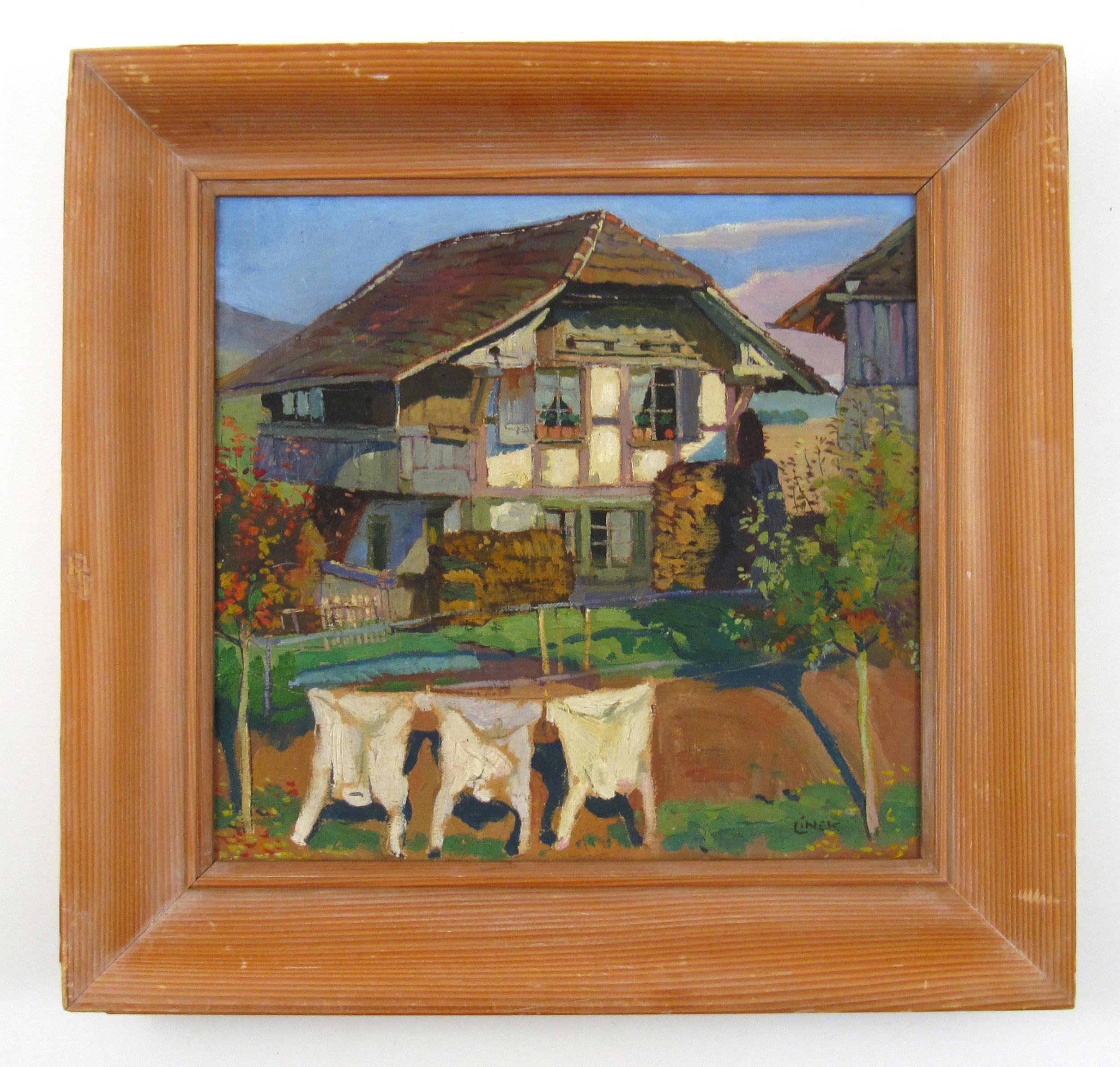 Ernst LINCK (1874 - 1935) Ferme avec école de clothesline de Berne, Suisse - Painting de Ernst Linck