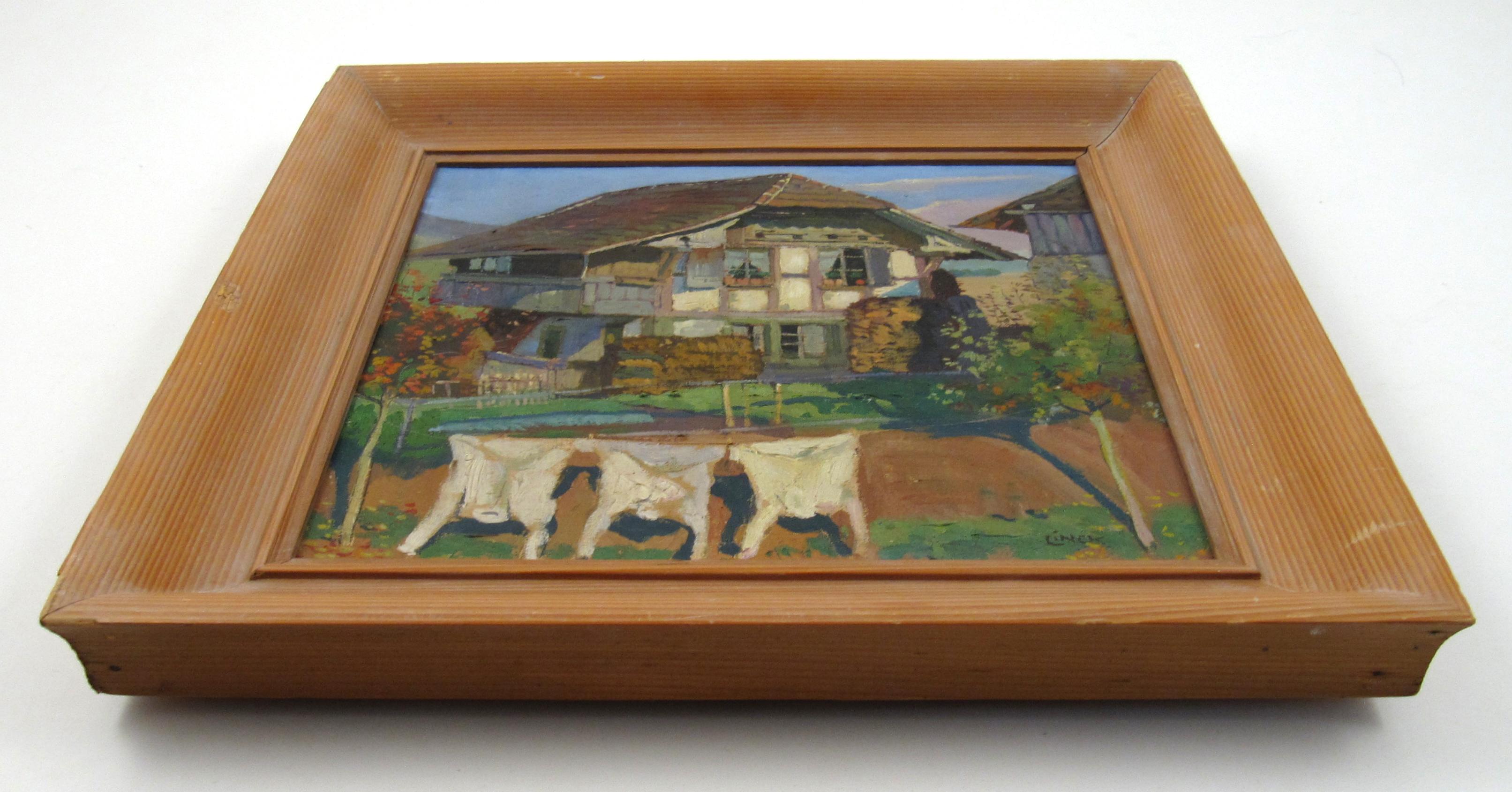 Ernst LINCK (1874 - 1935) Farmhouse with Clothesline School of Berne Switzerland - Post-Impressionist Painting by Ernst Linck