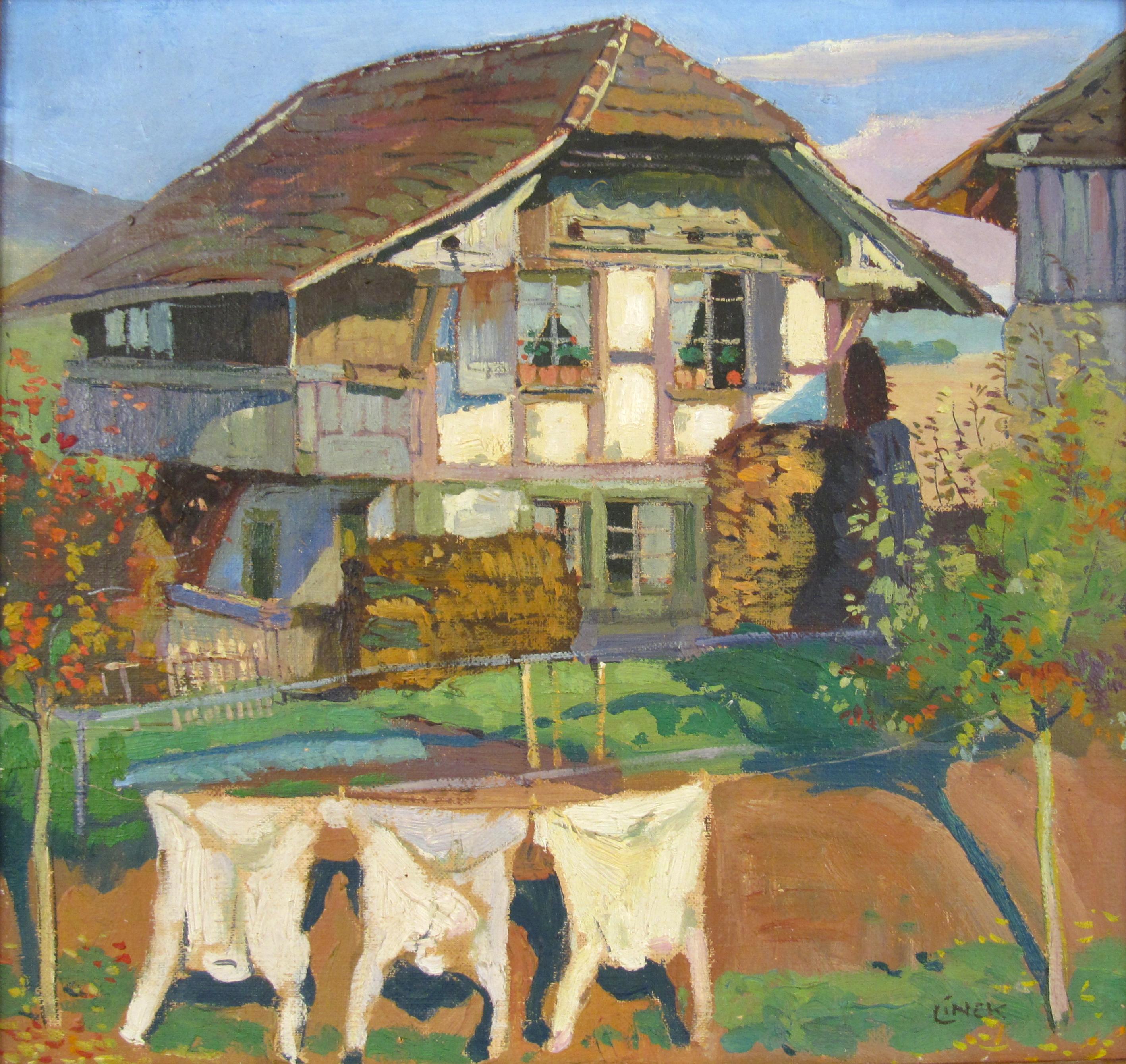 Ernst LINCK (1874 - 1935) Ferme avec école de clothesline de Berne, Suisse - Marron Landscape Painting par Ernst Linck
