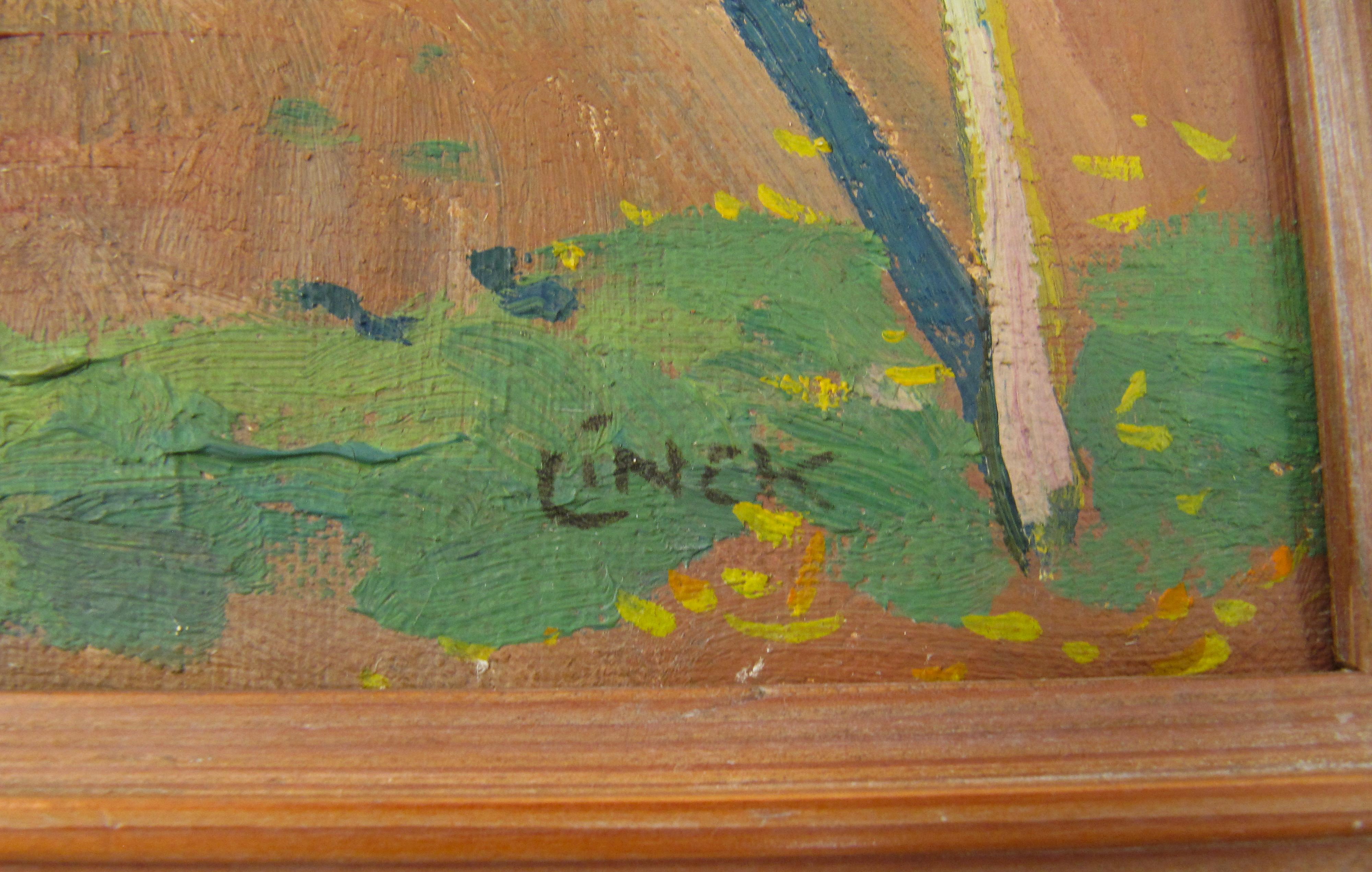 Ernst Link
(Suisse, ∗ 14 octobre 1874 à Windisch, † 29 juin 1935 à Berne)

Stöckli avec corde à linge

•	Peinture à l'huile sur toile environ 25,5 x 26,5 cm
•	Cadre en pin d'environ 34,5 x 35,5 cm (signes évidents d'âge)
•	Signé en bas à