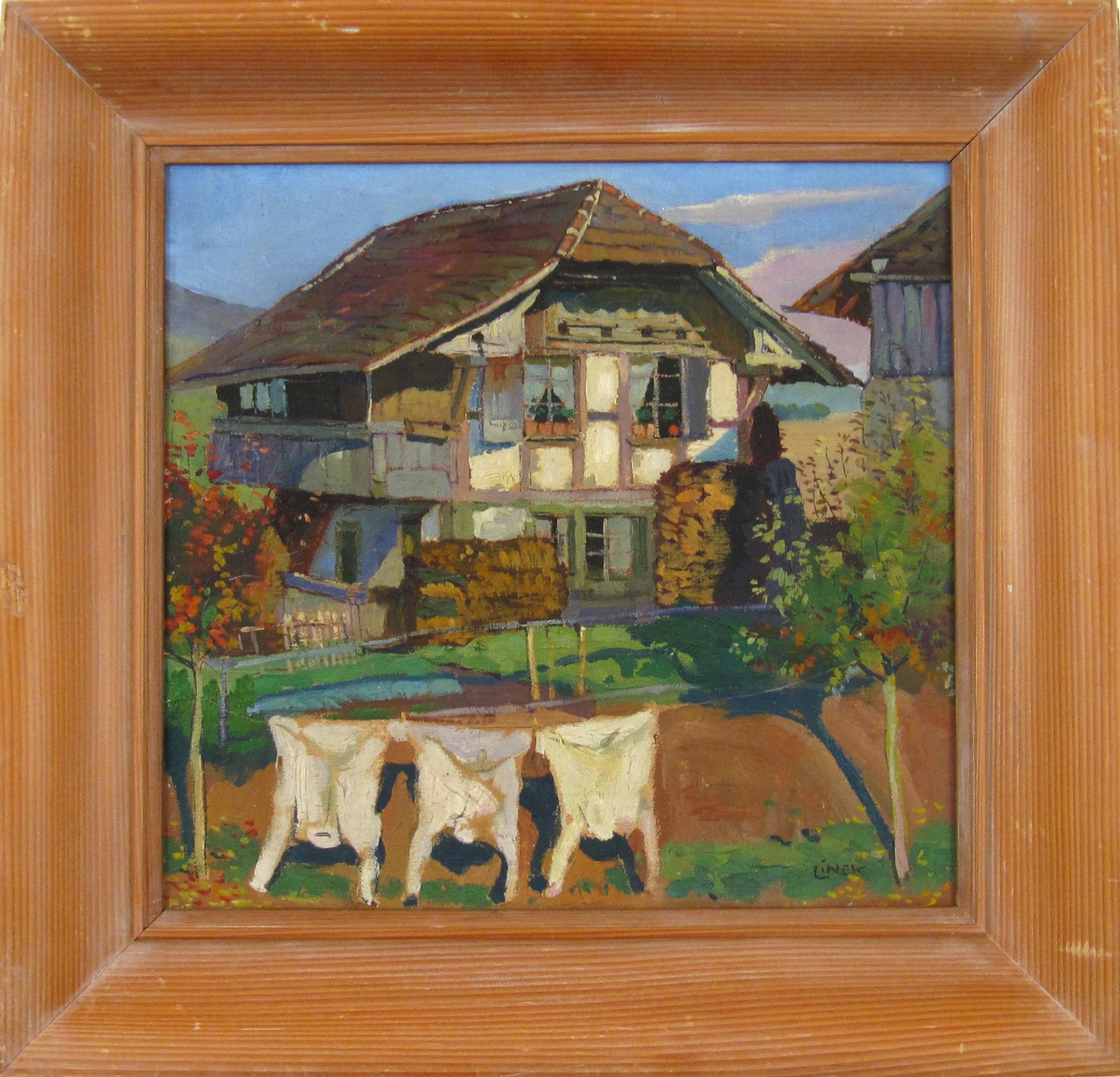 Landscape Painting Ernst Linck - Ernst LINCK (1874 - 1935) Ferme avec école de clothesline de Berne, Suisse