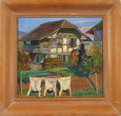 Antique Ernst LINCK (1874 - 1935) Farmhouse with Clothesline School of Berne Switzerland