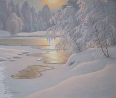 Oil Painting Depicting a Scandinavian Winter Landscape in Afternoon Sun