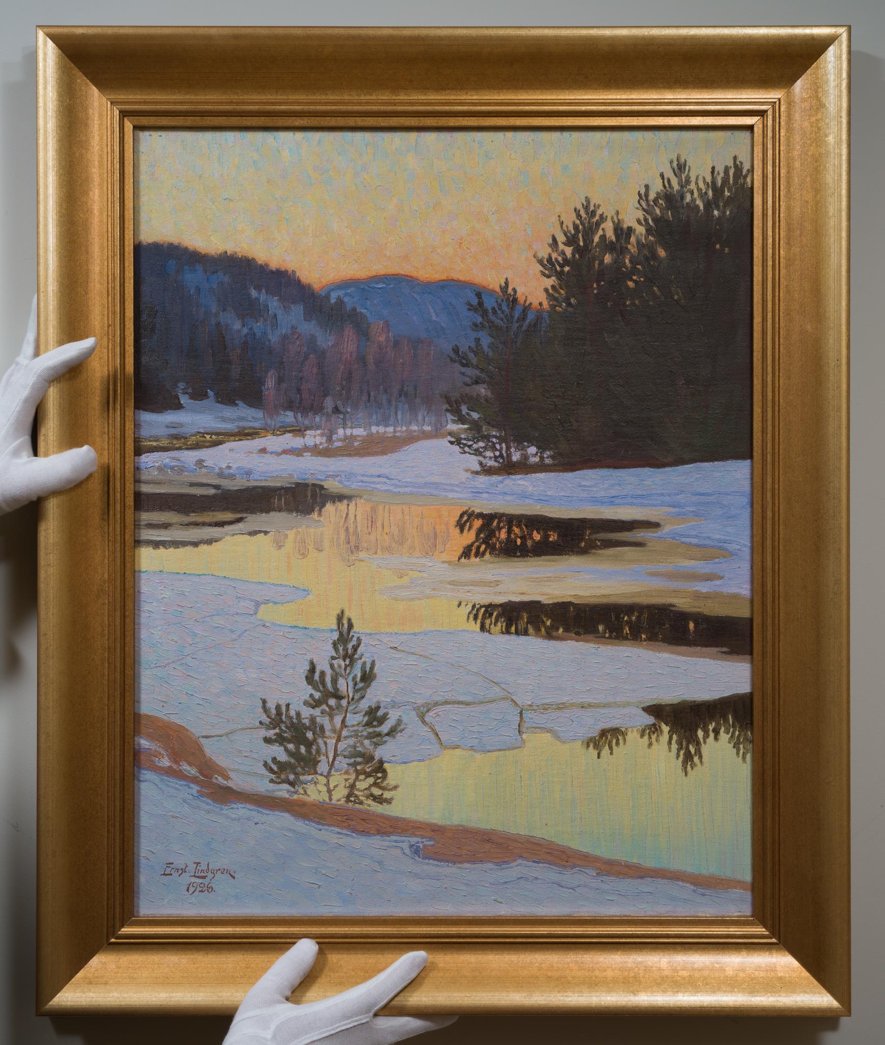 Sunlit Spring Thaw with Reflections – Oil Painting by Ernst Lindgren, 1926 For Sale 1