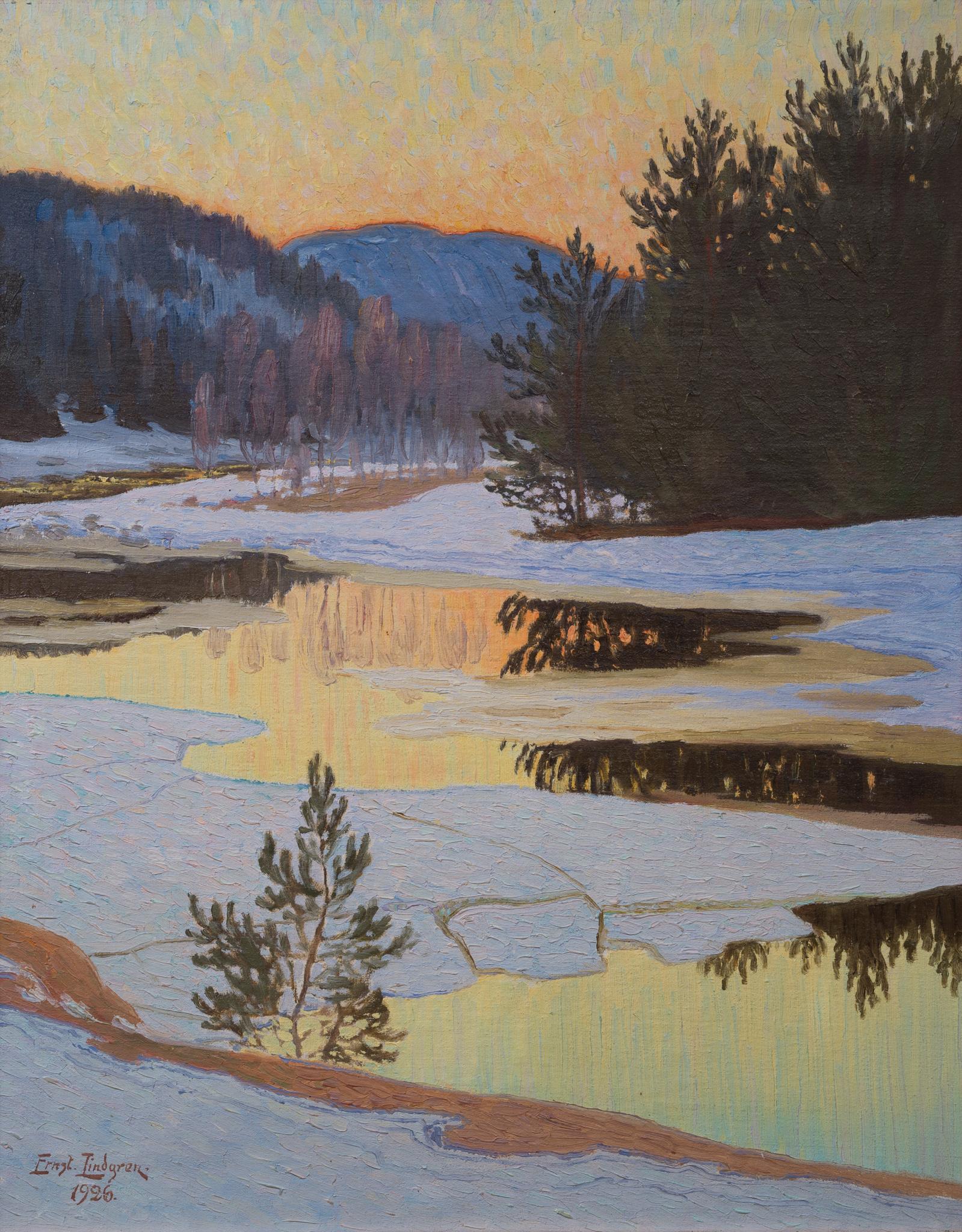 Sunlit Spring Thaw with Reflections – Oil Painting by Ernst Lindgren, 1926 For Sale 2