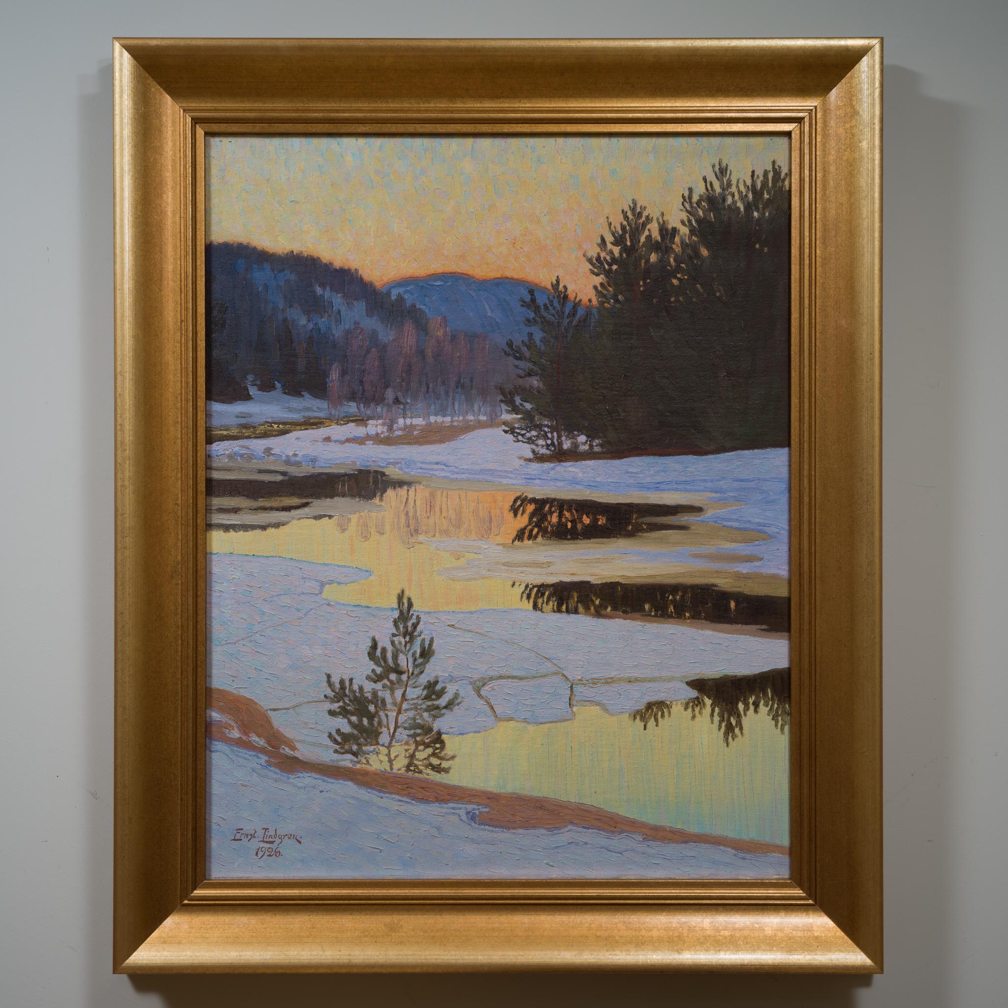 Sunlit Spring Thaw with Reflections – Oil Painting by Ernst Lindgren, 1926 For Sale 3
