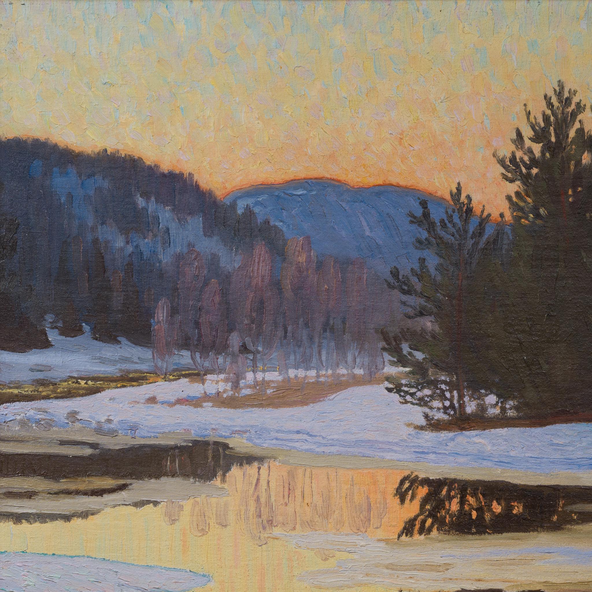 Sunlit Spring Thaw with Reflections – Oil Painting by Ernst Lindgren, 1926 For Sale 4