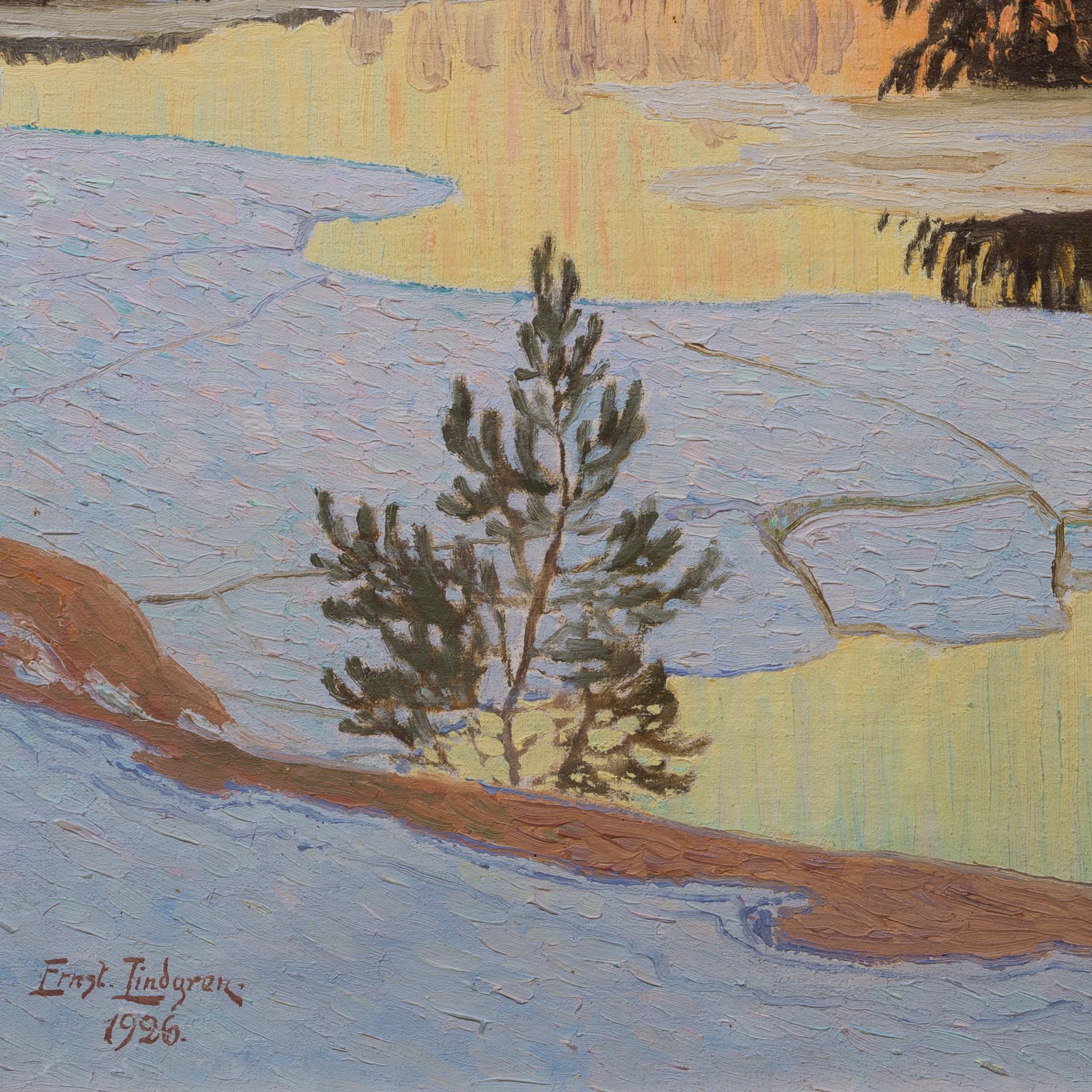 Sunlit Spring Thaw with Reflections – Oil Painting by Ernst Lindgren, 1926 For Sale 5