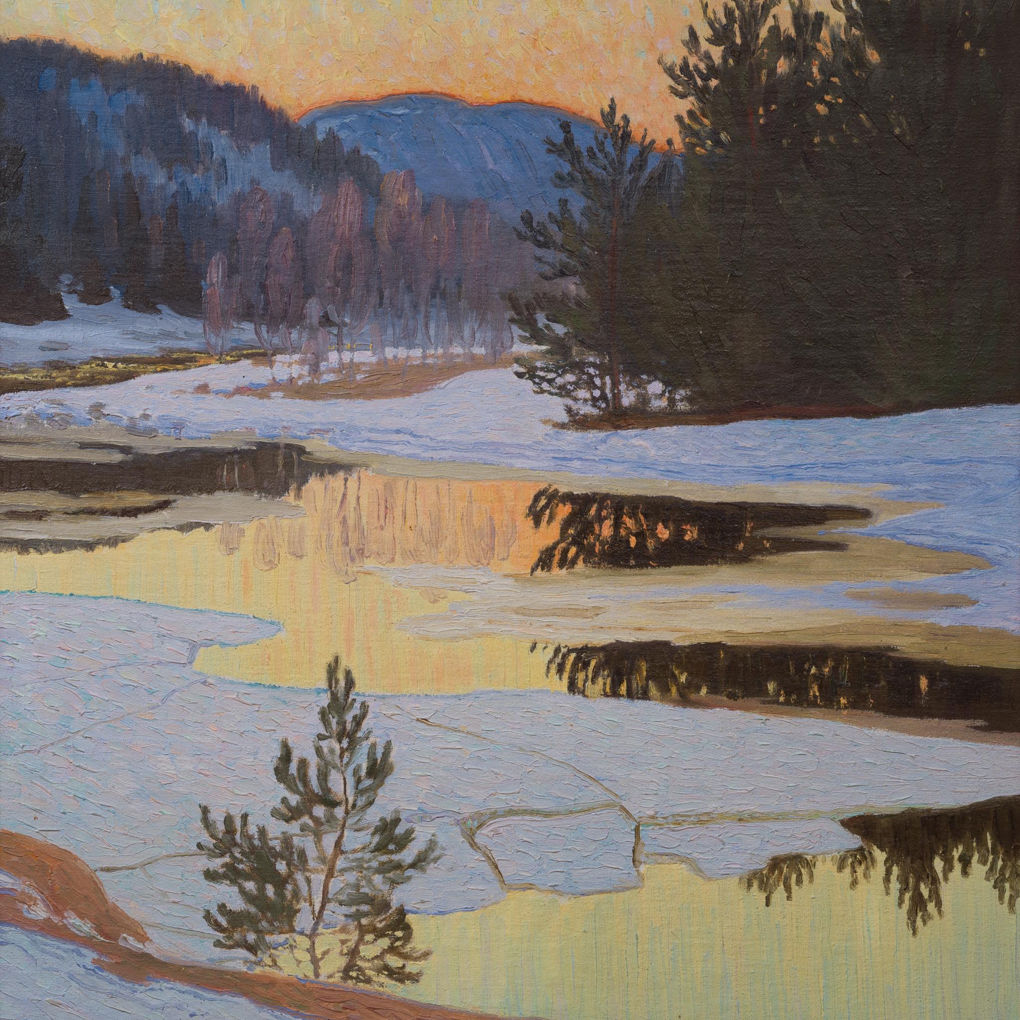 Sunlit Spring Thaw with Reflections – Oil Painting by Ernst Lindgren, 1926 For Sale 7
