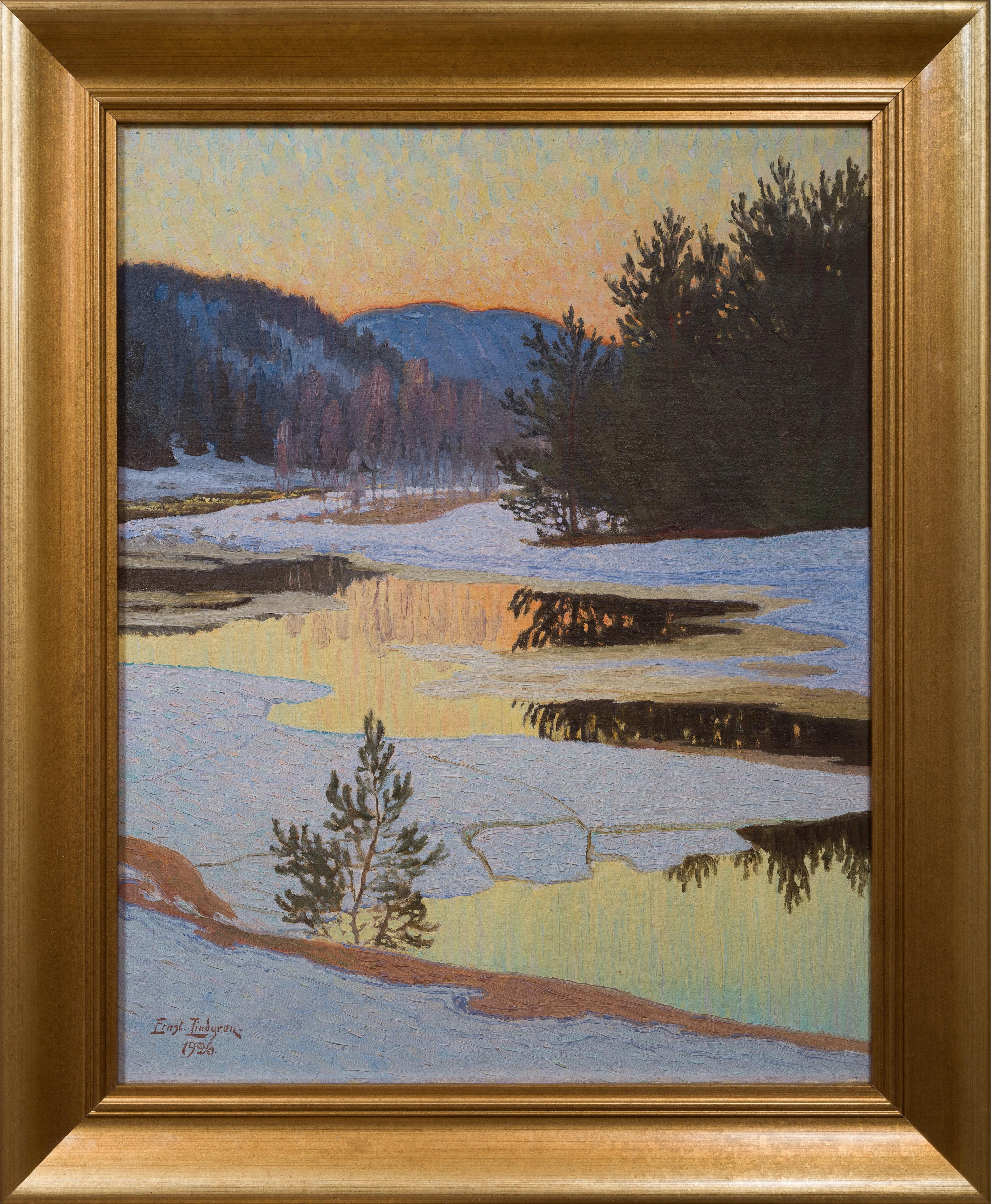Ernst Lindgren (1887–1948) Sweden

Early Spring Thaw, 1926

oil on canvas
signed and dated
unframed 71 x 55.5 cm (28 x 22 inches)
framed 86.5 x 71 cm (34 x 28 inches)

Essay:
This evocative landscape painting captures the moment winter releases its