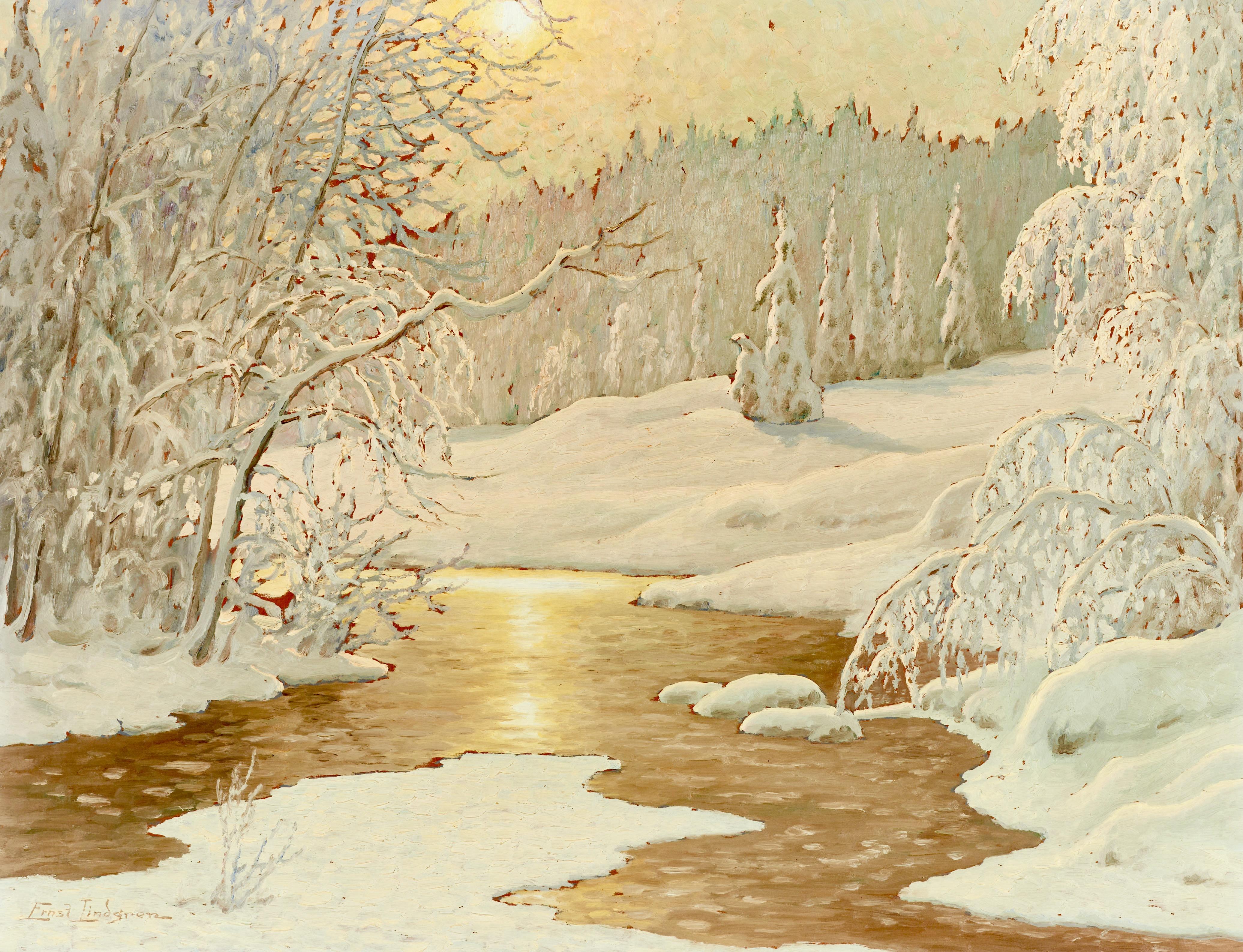 A Winter Landscape in Twilight and Stream (Paysage d'hiver dans le crépuscule et le cours d'eau) - Painting de Ernst Lindgren