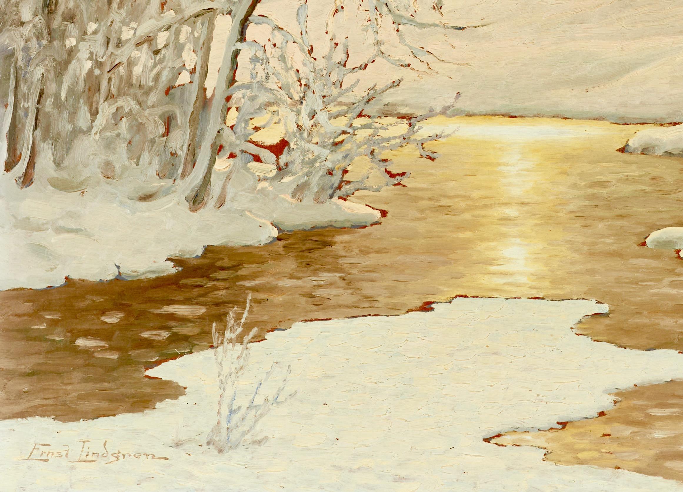 A Winter Landscape in Twilight and Stream (Paysage d'hiver dans le crépuscule et le cours d'eau) - Pointillisme Painting par Ernst Lindgren