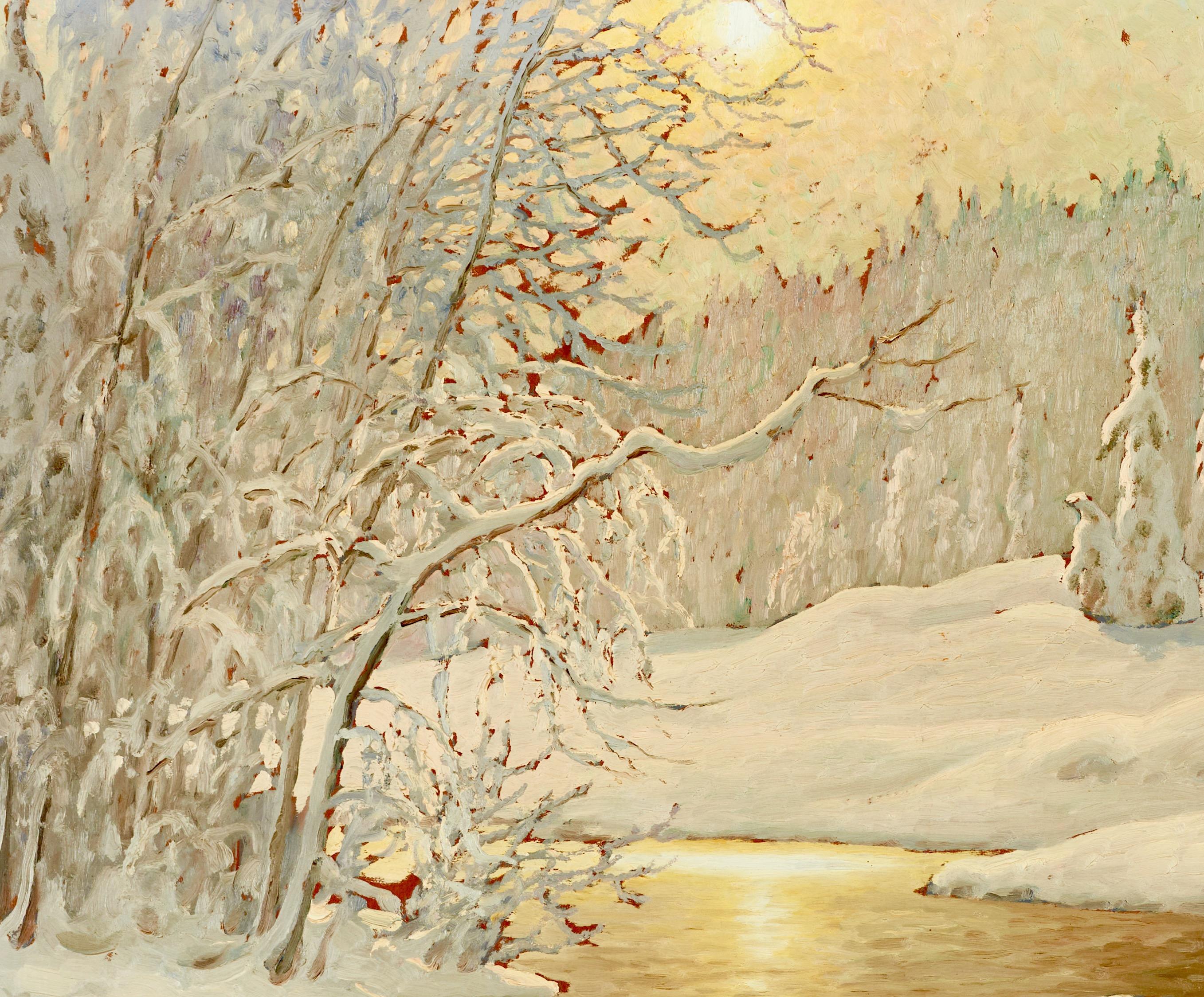 A Winter Landscape in Twilight and Stream (Paysage d'hiver dans le crépuscule et le cours d'eau) - Beige Landscape Painting par Ernst Lindgren