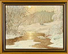 Paesaggio invernale al crepuscolo e ruscello