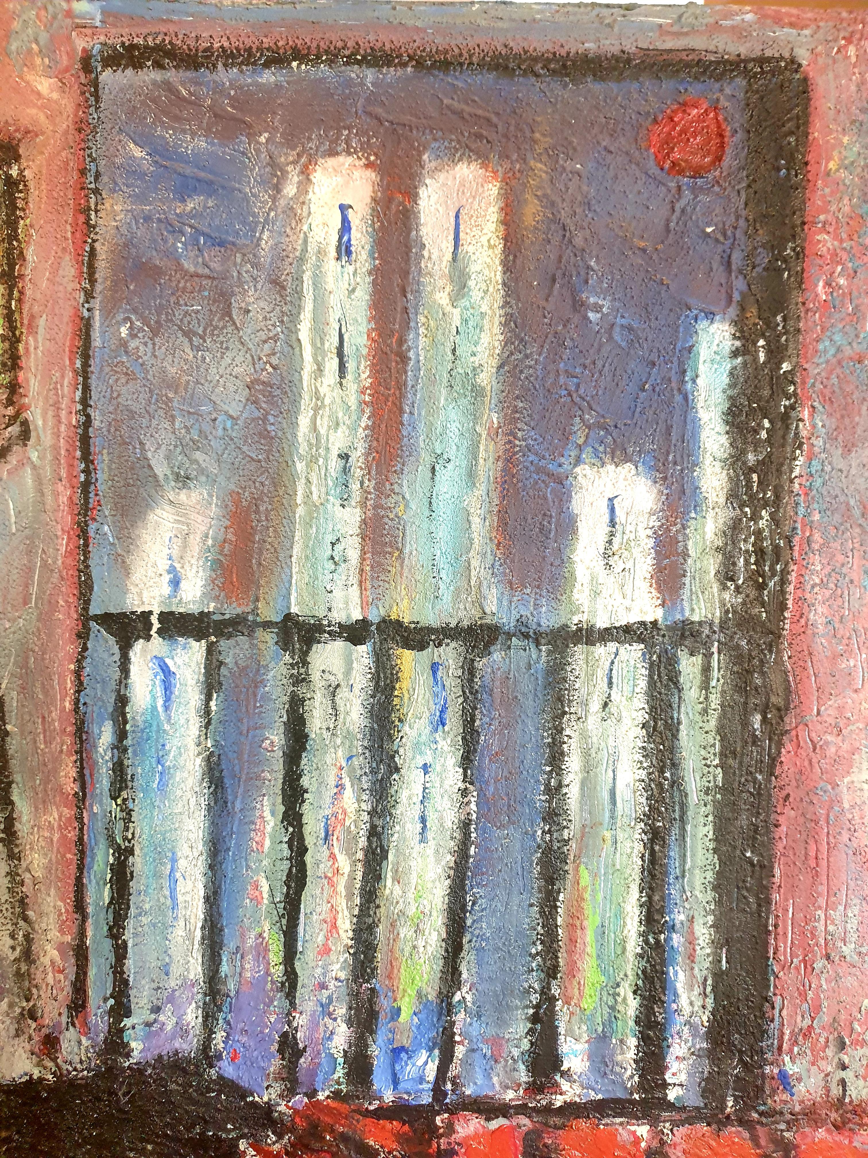  Large Expressionist Oil on Canvas, Apartment Interior and Cityscape. For Sale 2