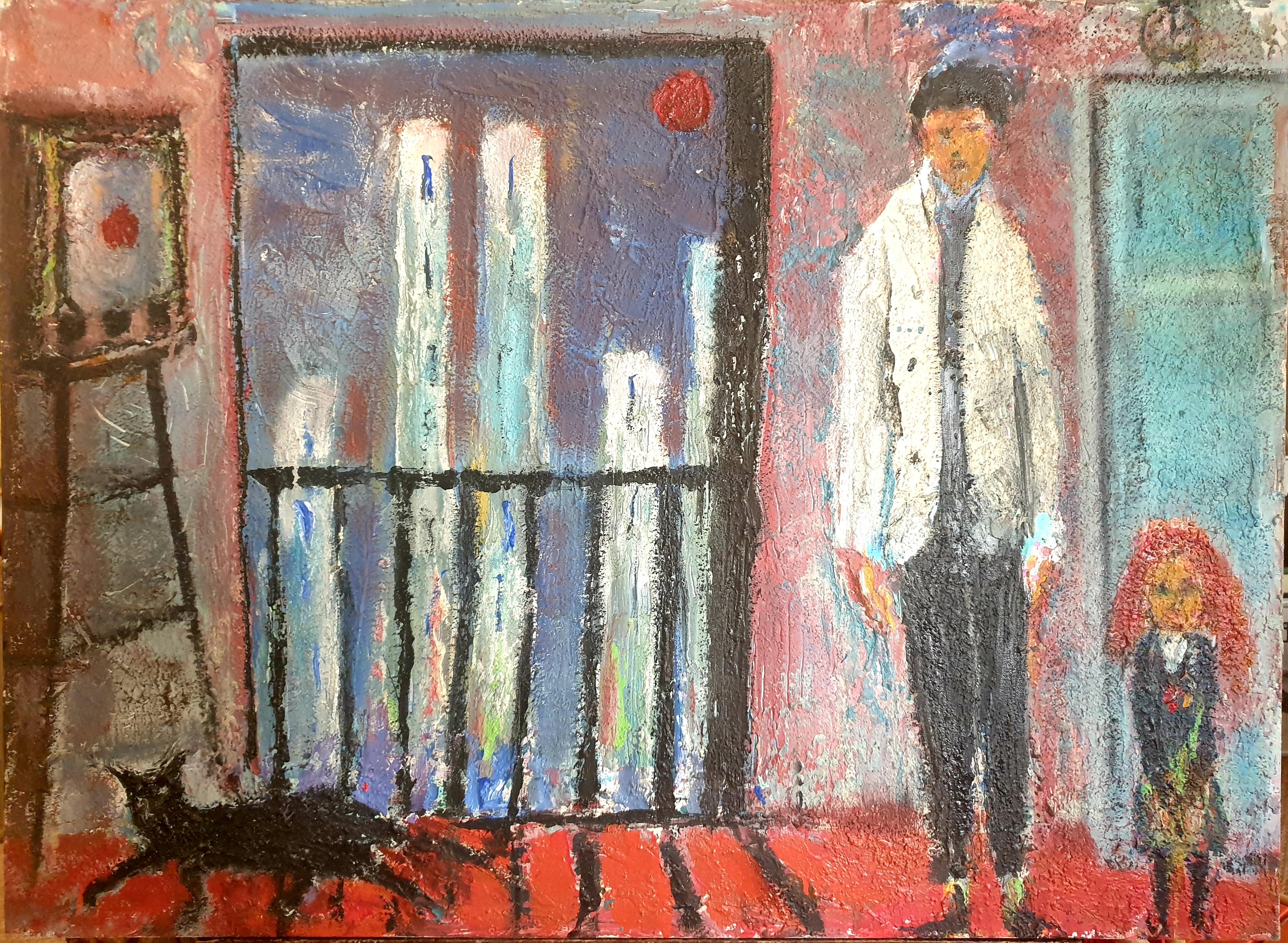 Large Expressionist Oil on Canvas, Apartment Interior and Cityscape. Oil.