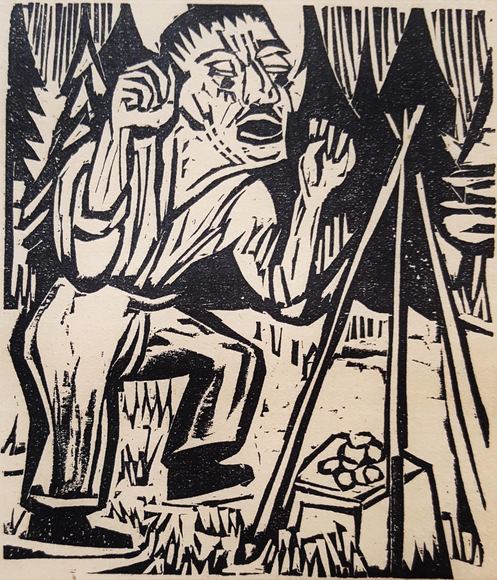 Ernst Ludwig Kirchner Figurative Print - Der Briggel: Briggel verflucht das Geld (Briggel: Briggel Cursing Money)
